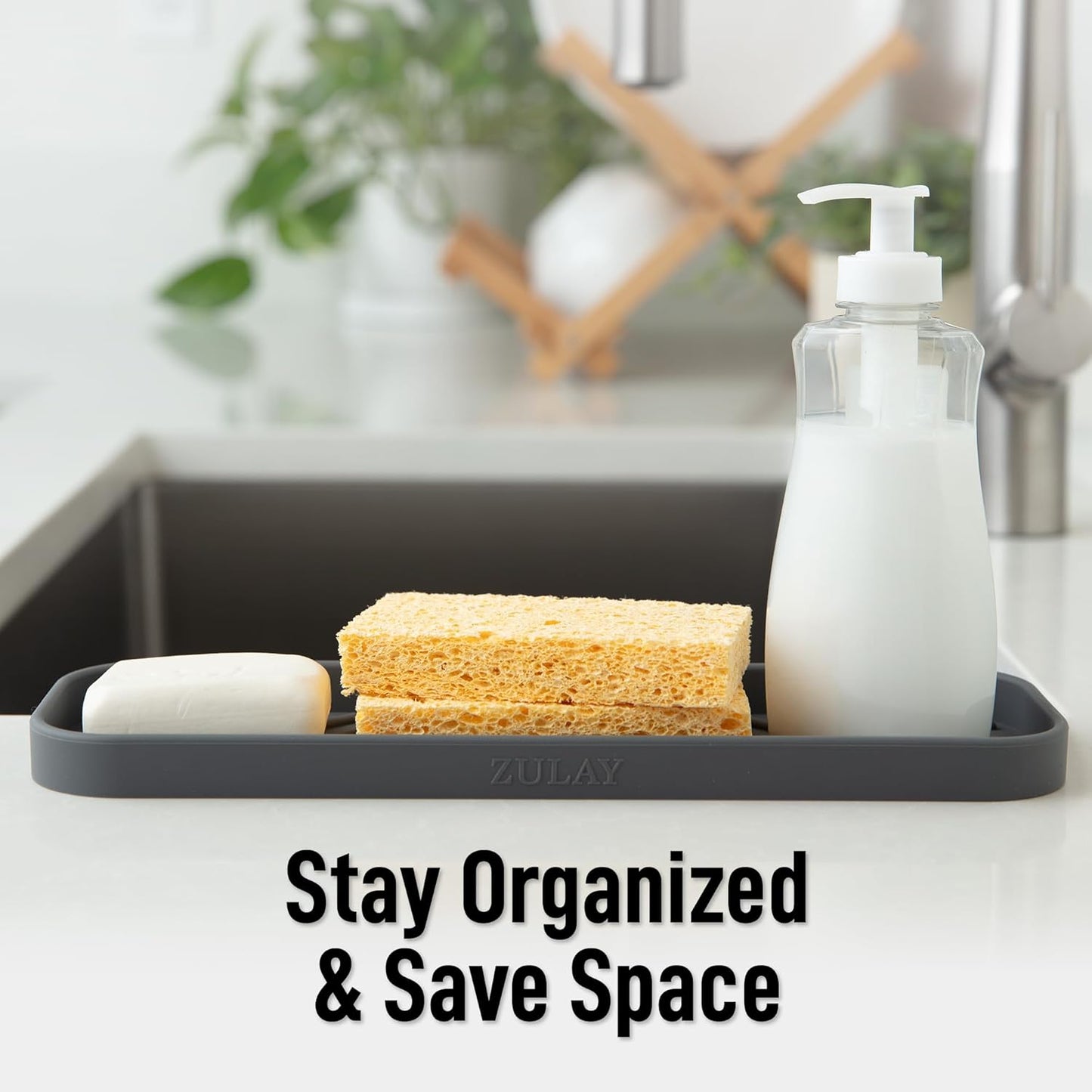 Zulay Kitchen Large Silicone Sponge Holder (12x4) – Flexible Sink Organizer Tray for Kitchen & Bathroom – Multipurpose Soap Dish for Sponges, Makeup, Trinkets & More (Grey)