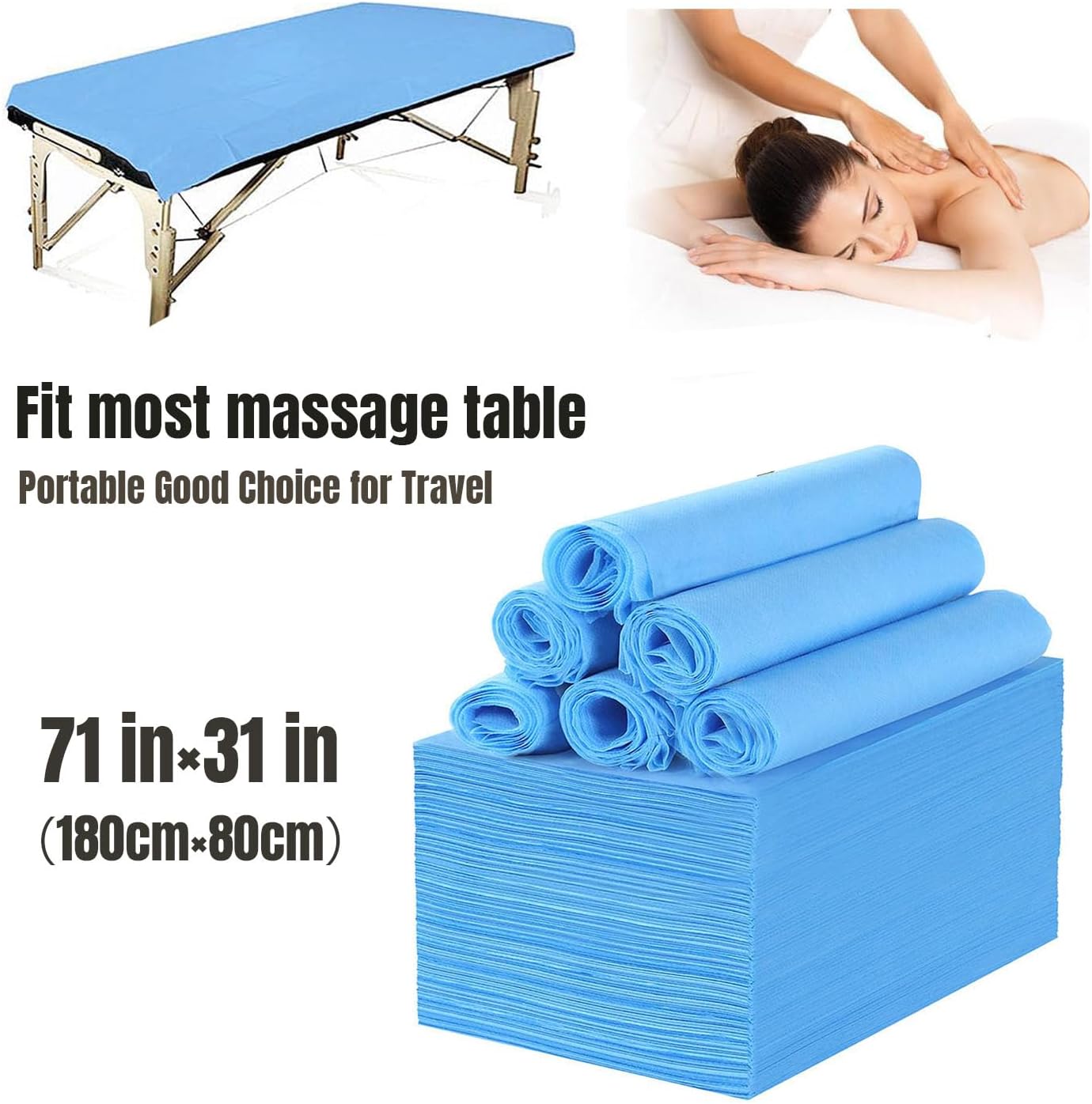 100 PCS Disposable Massage Table Sheets Spa Bed Covers 71"x31" -Non Woven Fabric Waterproof Protector for Waxing, Tattoo, Beauty Salon,Facial, Esthetician Table Bed (Blue)