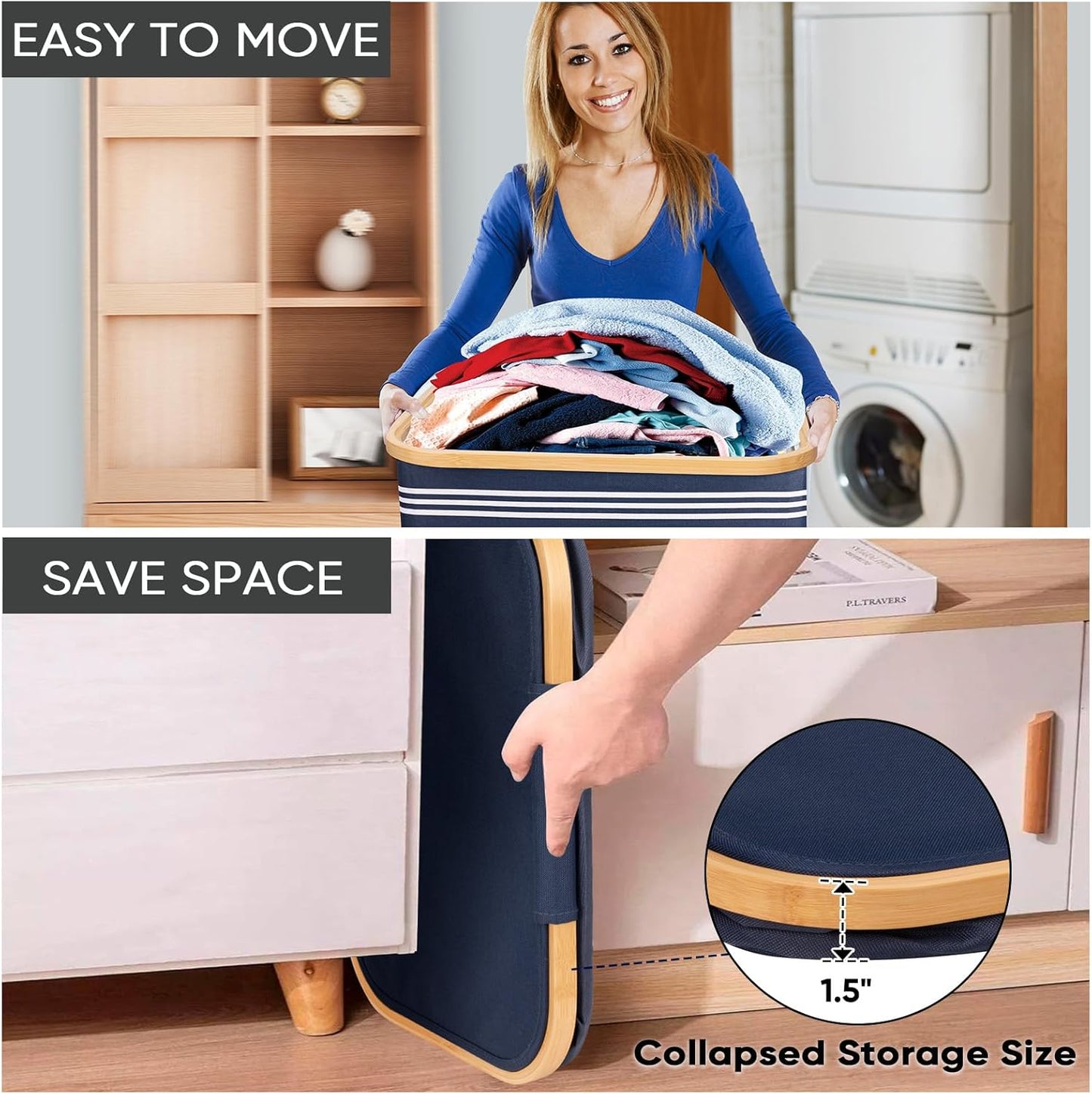 BALEINE Laundry Hamper with Lid, Tall Laundry Baskets with Bamboo Pull Handles, Large Laundry Bin with Internal Support (18 Gal/70L, Blue Pinstripe)