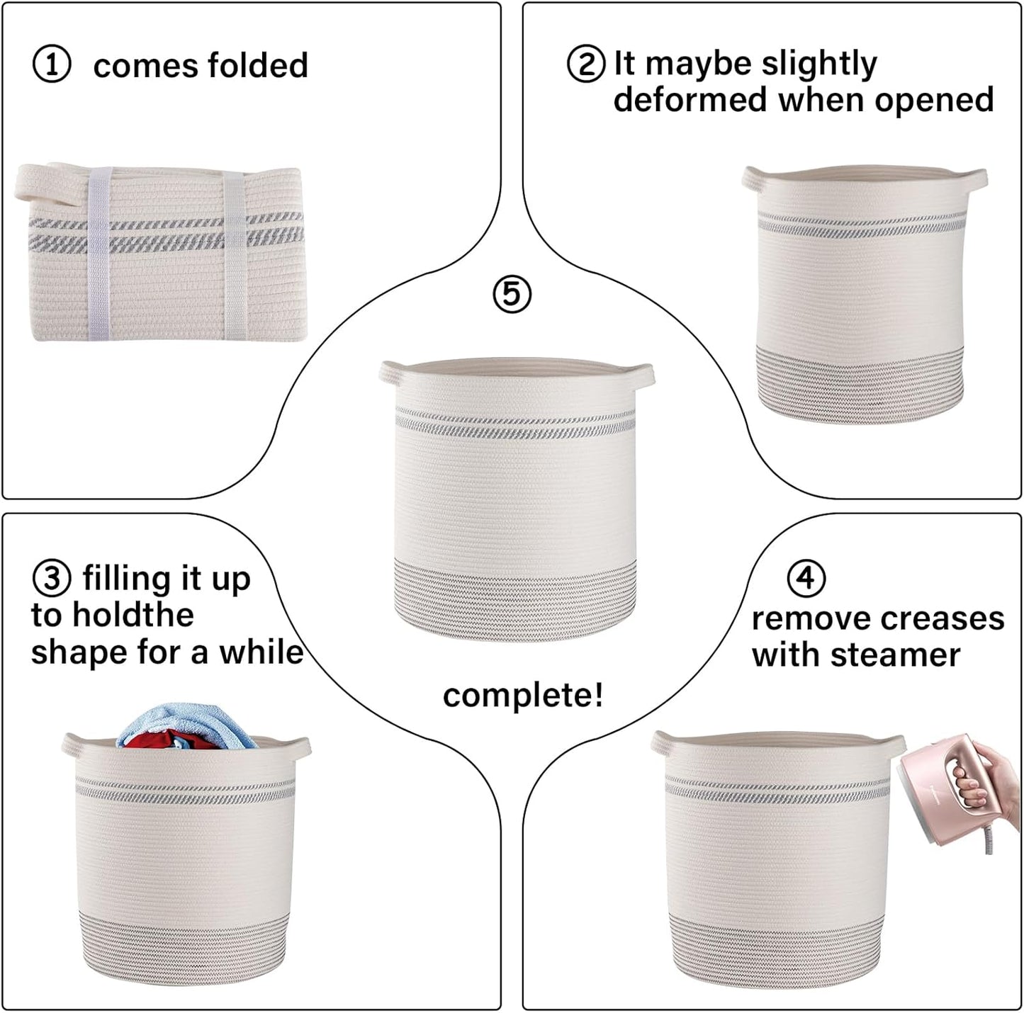 OIAHOMY 80L Laundry Basket, Laundry Hamper, Cotton Rope Storage Basket with Handles, Decorative Woven Basket for Living Room,Storage Baskets for Clothes, Blankets, and Toys -20''×18'', White&Gray