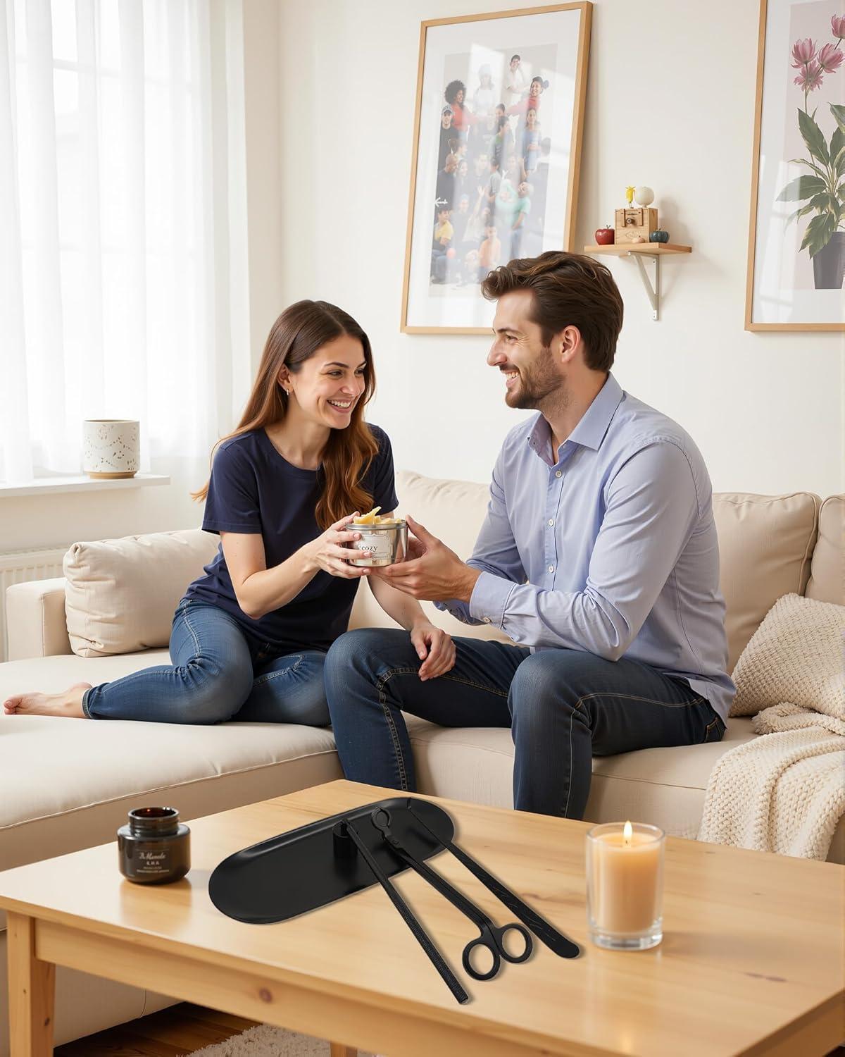 4 in1 Candle Accessory Set with Storage Tray Plate, Candle Wick Trimmer, Candle Wick Snuffer, Candle Wick Dipper, Great for Scented Candles Lovers (Matte Black)