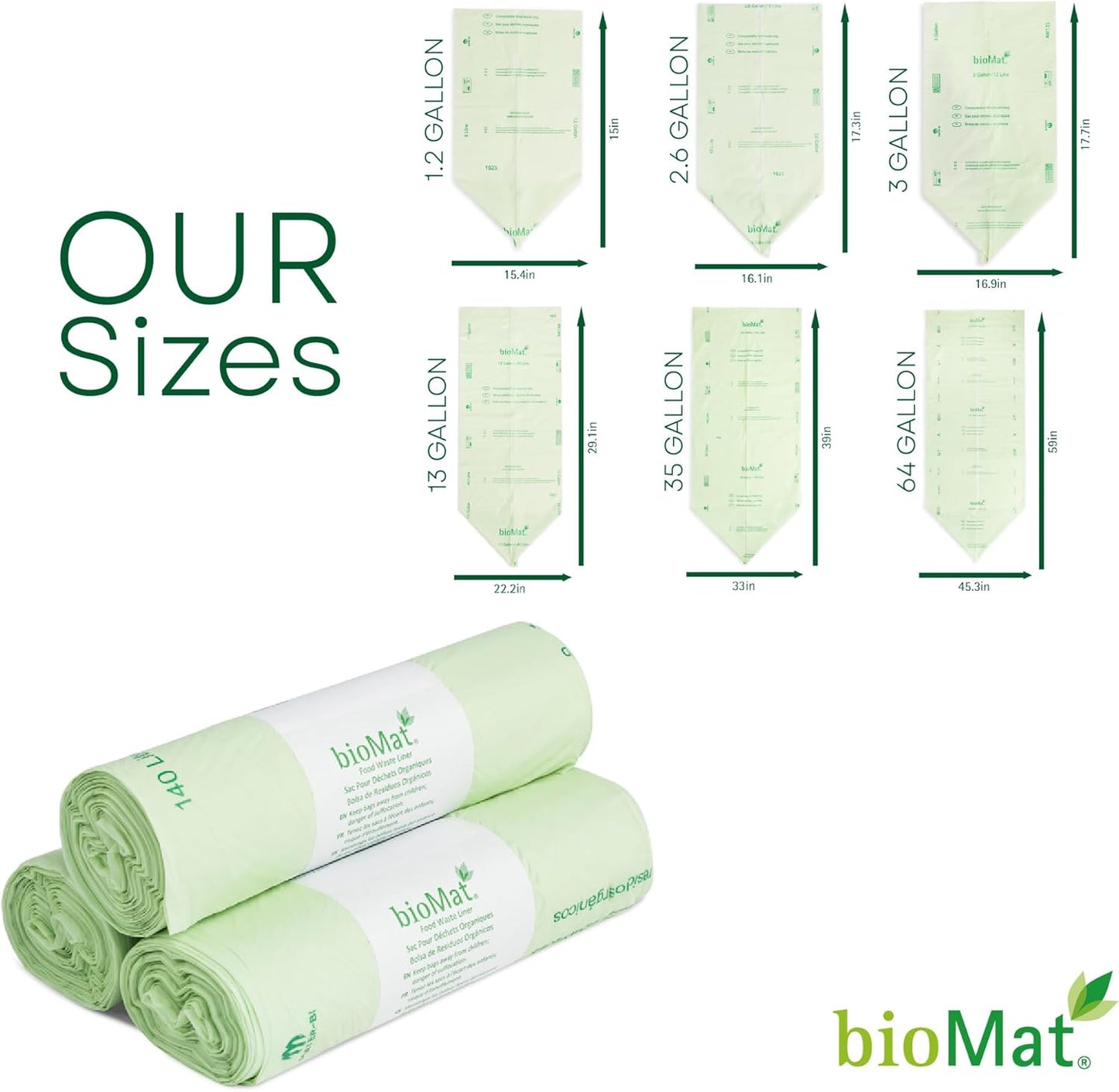 bioMat 3 Gallon Compost Bags with Handle Ties, 125 Count, Compostable Trash Bags BPI ASTM D6400 and CMA Certified