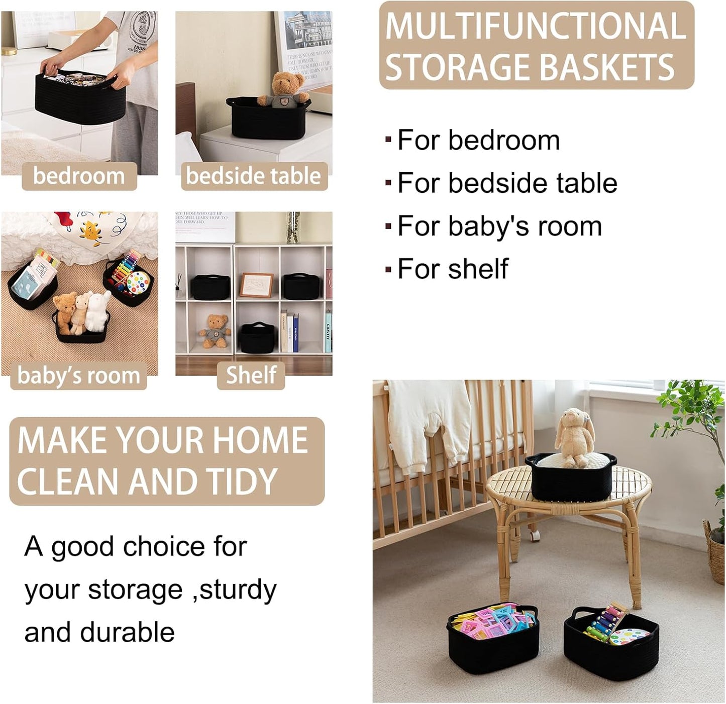 OIAHOMY Cotton Rope Woven Baskets for Storage, Nursery Rectangle Storage Basket with Handles for Shelves, Pack of 3, Black