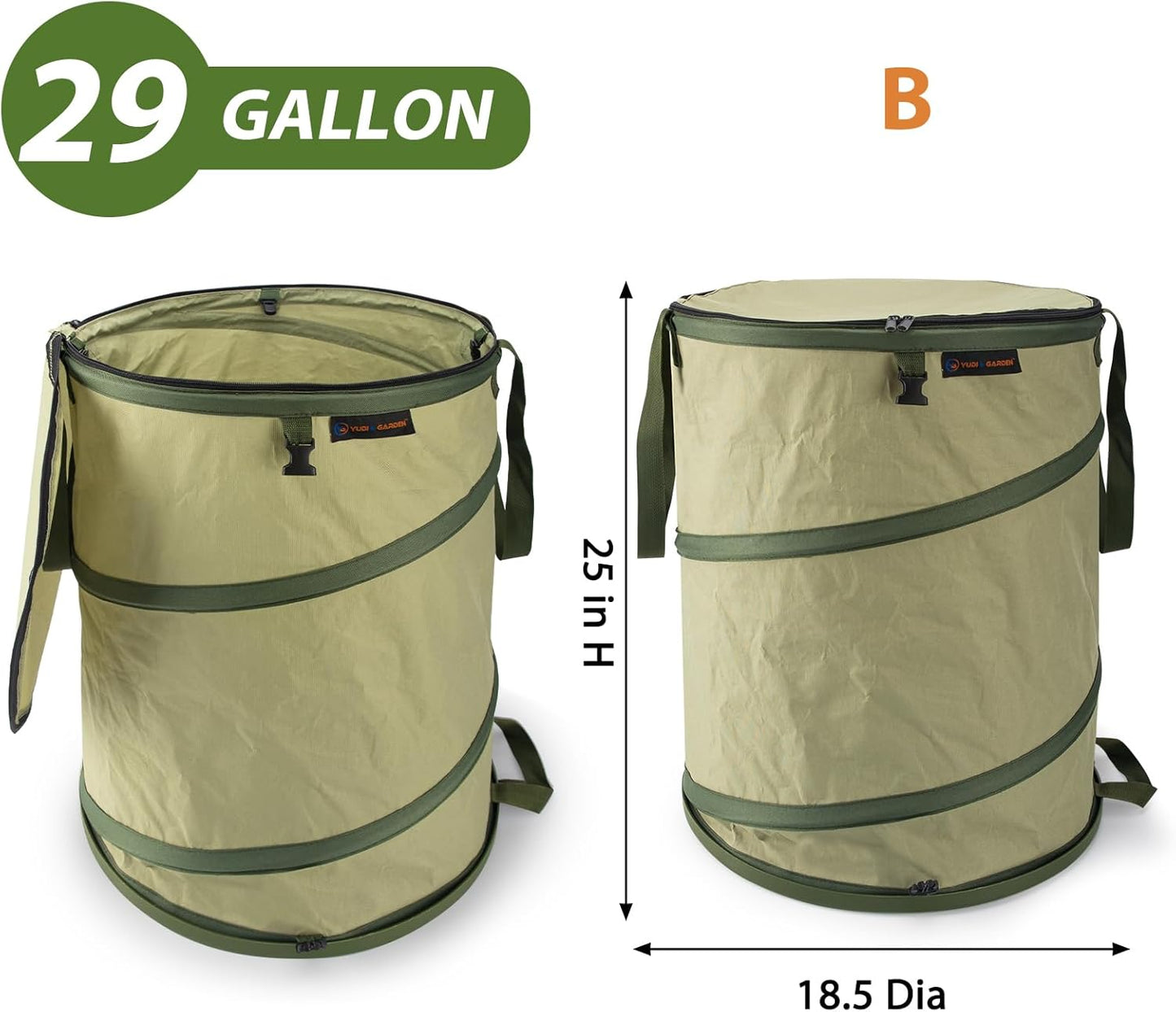 YUDI & GARDEN 29 Gallon Hard Bottom Collapsible Trash Can|Collapsible Garden Bag|Camping Trash Can, Green 2-Pack for Collecting Weeds or Yard and Party Waste