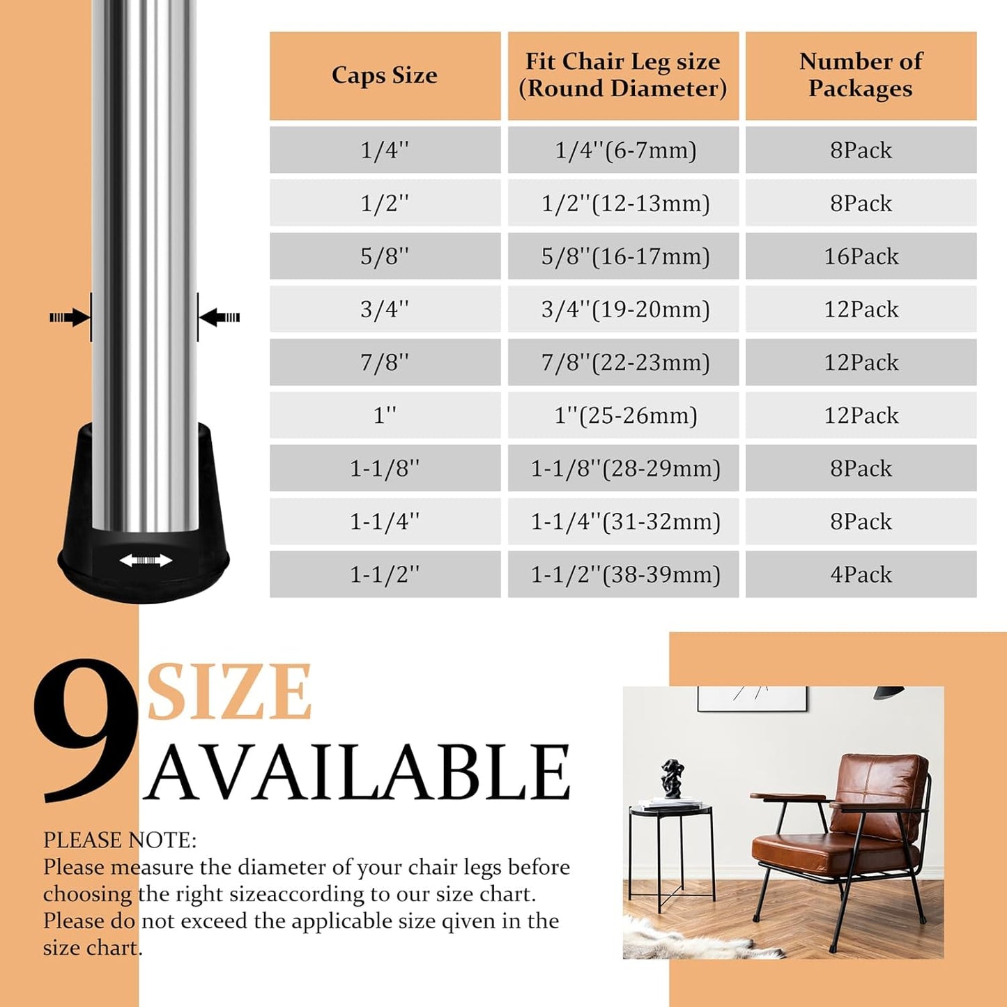 1-1/4” Round Rubber Chair Leg Tips Caps, Chair Leg Floor Protectors Furniture Legs Caps Non Slip Reduce Noise for Hardwood Floors (Black, 8 Pack)