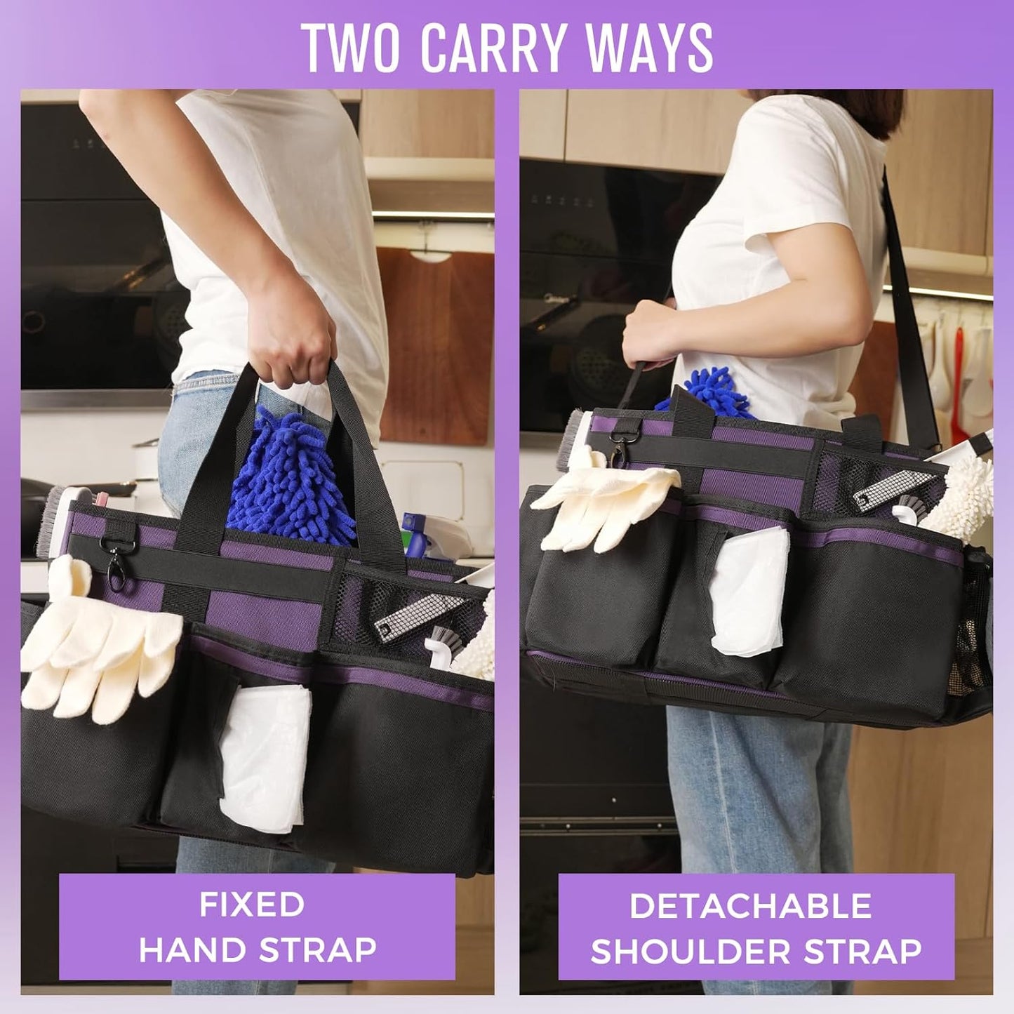 Wearable Cleaning Caddy, Cleaning Caddy Supplies Organizer with Handle & Shoulder Straps for Housekeepers, Under Sink & Car Cleaning Tool Organizers Bag with 4 Foldable Divider (Purple)