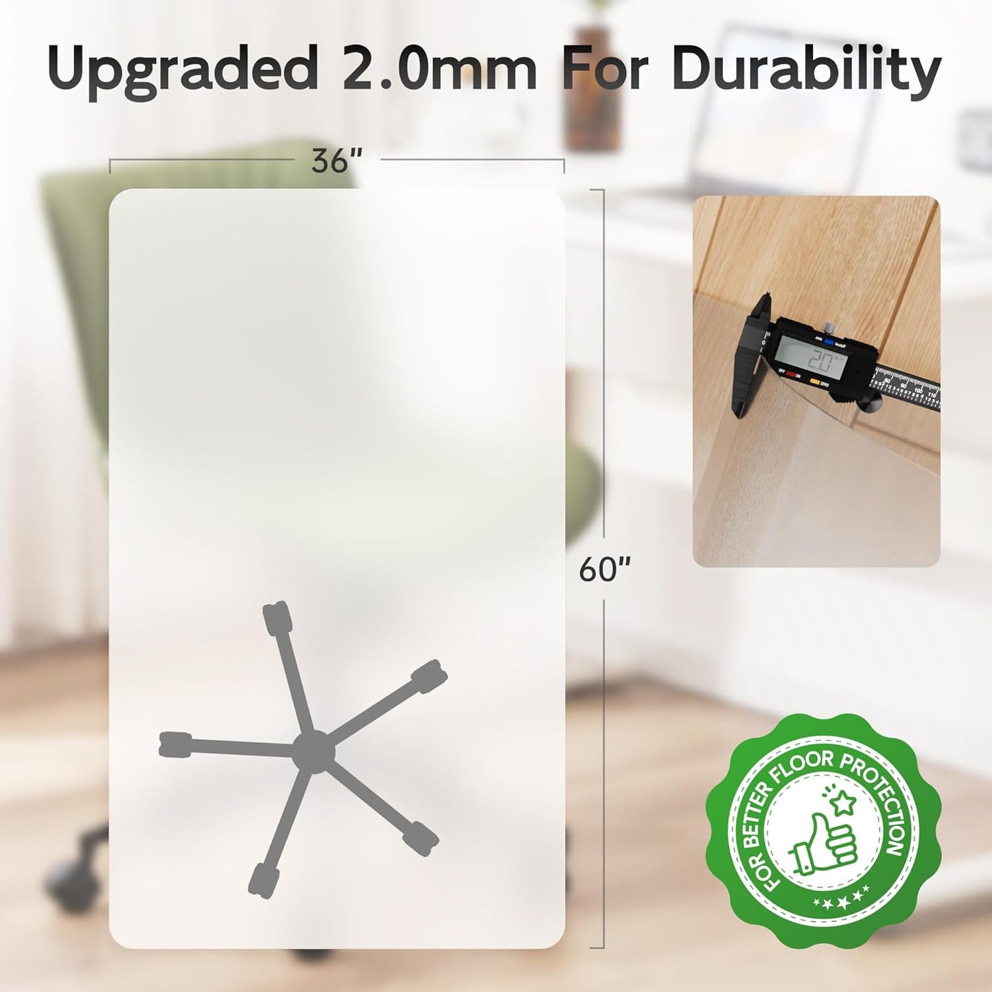 Office Chair Mat for Hardwood Floor, 60" x 36" Clear Computer/Desk Chair Mat for Hard Floor, Thicker, Easy Glide, Non-Slip, Protects Hard Surfaces from Scratches, Ideal for Home or Office