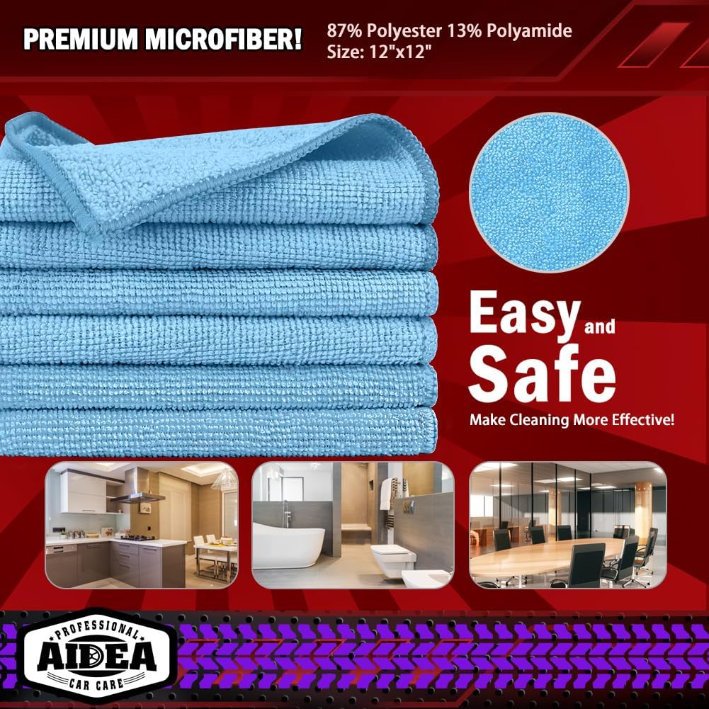 AIDEA Microfiber Cleaning Cloth Blue,150PK, Shop Rags, Microfiber Towels for Cars, Dusting Cloth Lint Free Rags, Absorbent Towels for SUVs, House, Kitchen, Mechanic, Workshops, 12"×12"