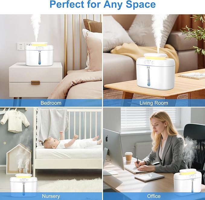 COO Humidifiers for Bedroom, 2L Tank for Large Room, 30 Hour Runtime, 28dB Quiet Cool Mist Humidifier for Home, Baby Nursery, Plants, Indoor, Office, Easy to Fill & Clean,Night Light and Auto Shut-off