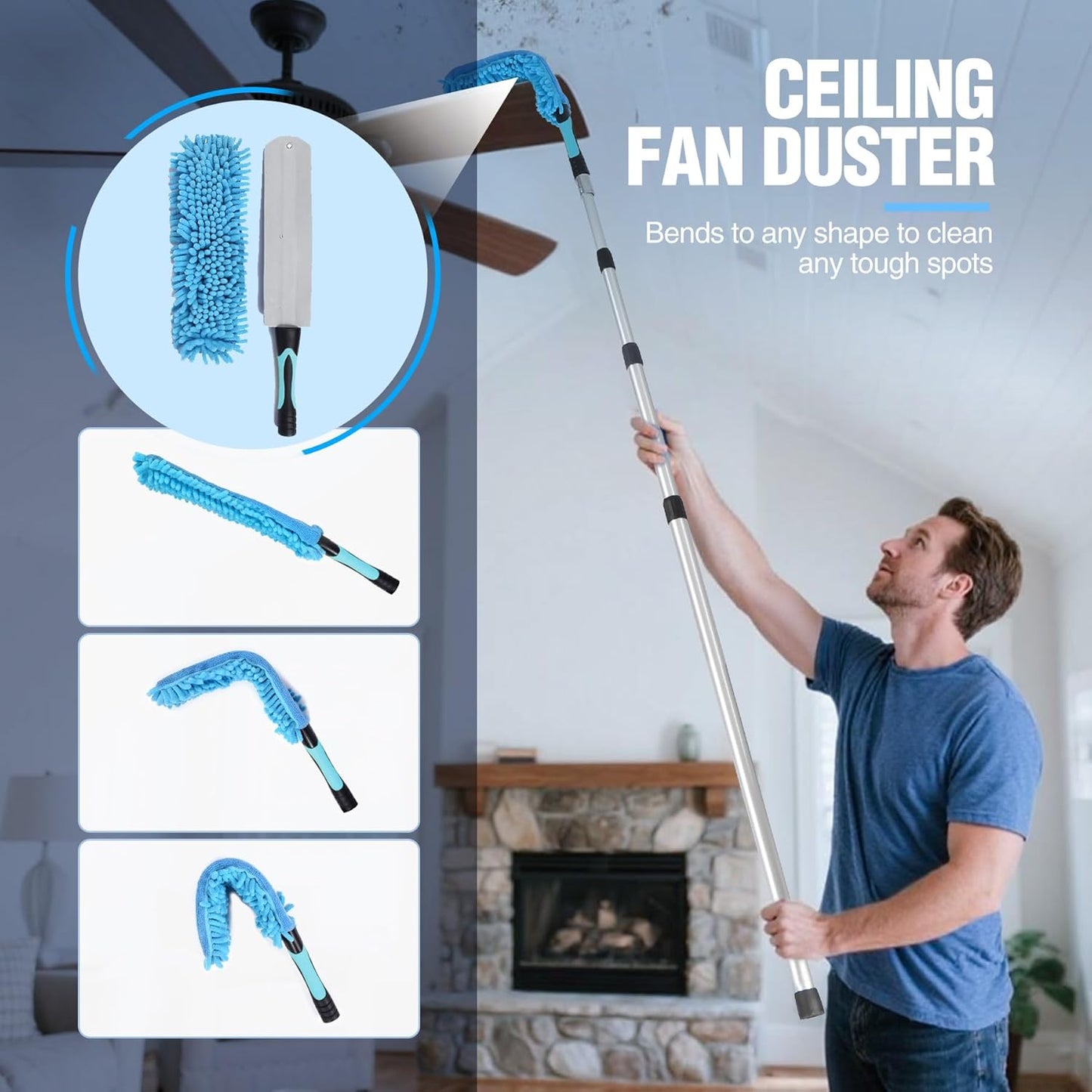 Lineslife Cobweb Duster,Washable Cleaning Duster Kit with Flexible Microfiber Duster Head, 1 * 2-in-1 Window Squeegee, and 1* Ceiling Fan Duster for Home Office Cleaning High Ceilings,Furniture,Roof