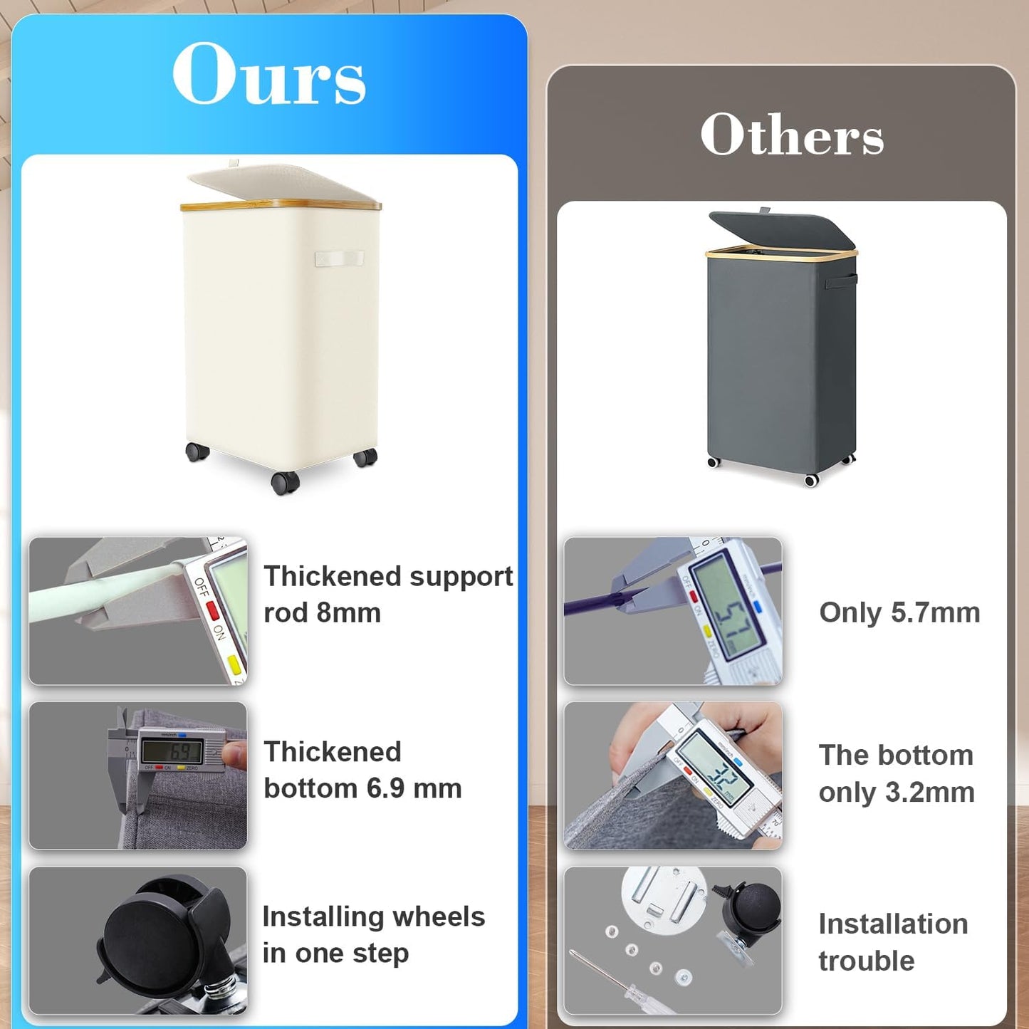 Laundry Hamper with Wheels,29 Gal (110L) Laundry Basket with lid Rolling Clothes Hamper Foldable Dirty Clothes Basket on wheels with Bamboo Frame and Bag for Bedroom, Dorm, Laundry Room-White