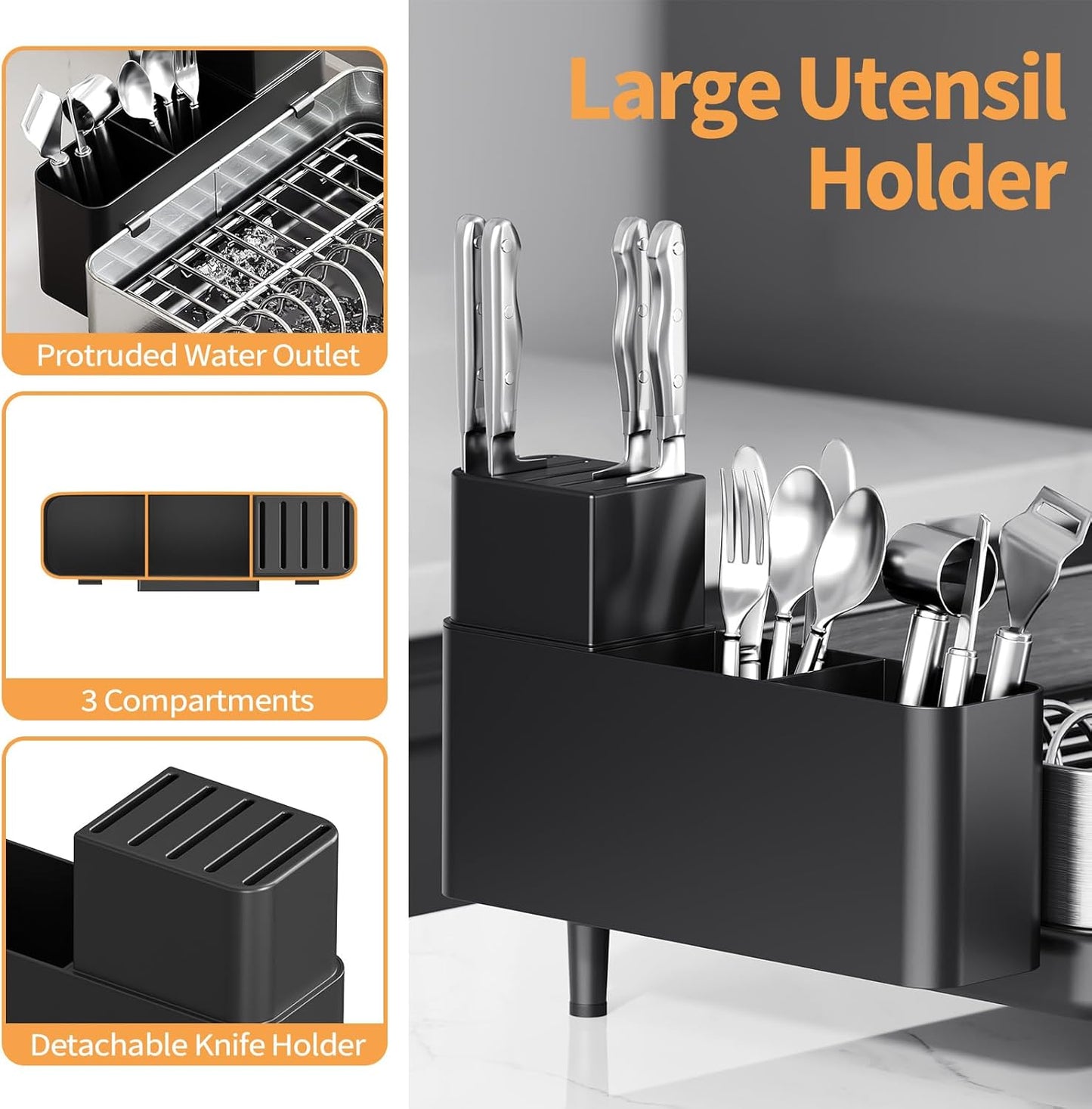 Dish Rack for Kitchen Counter, 304 Stainless Steel Dish Drying Rack, Expandable Dish Drainer, Foldable Dish Strainer with Cutlery Holder, Kitchen Plate Rack (Black, Large Size)