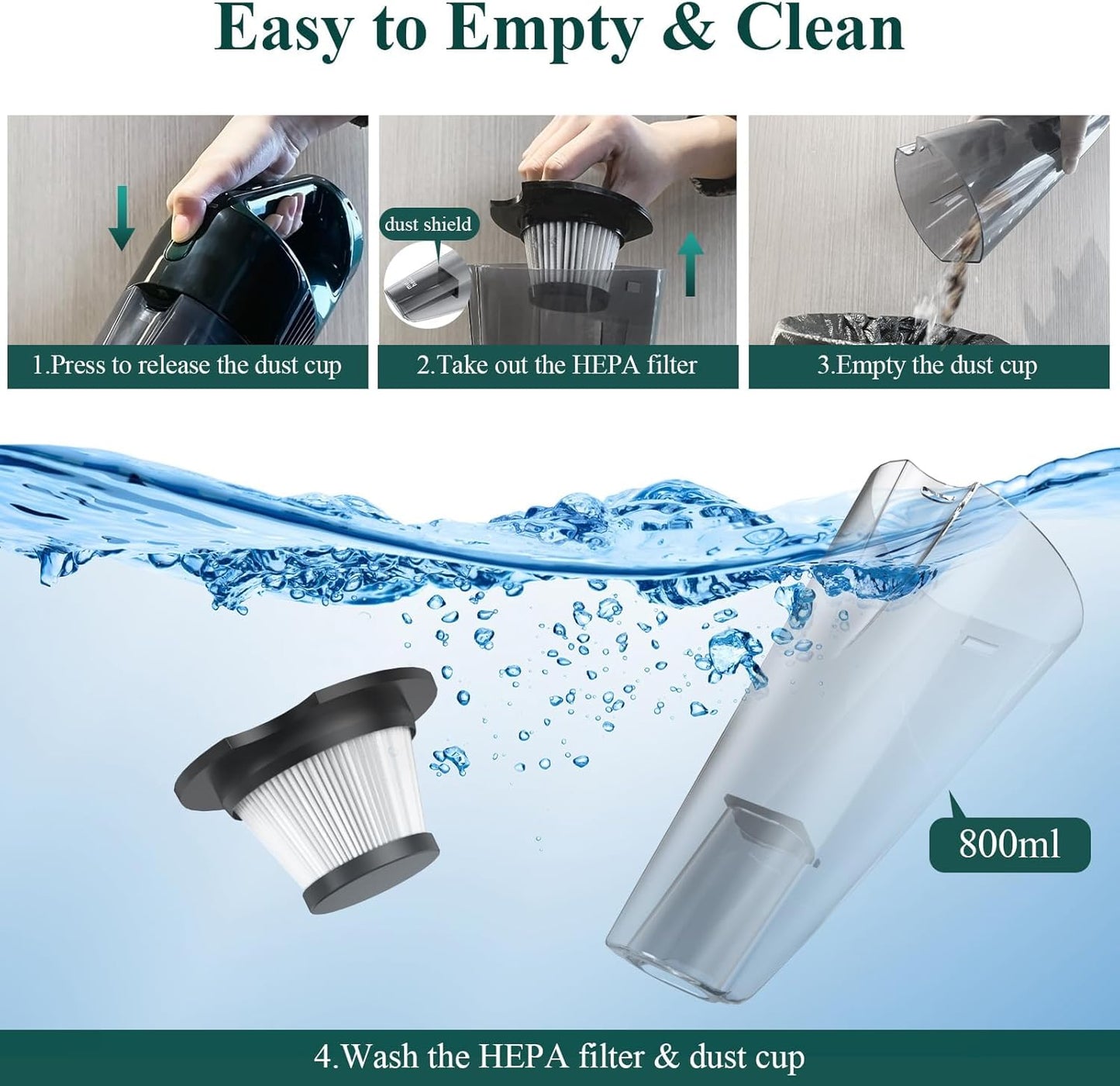 Minthouz Handheld Vacuum Cordless, Strong Suction Car Vacuum Cleaner with LED Light, Long Runtime Hand Vacuum Cordless Rechargeable, Hand Held Vac with Charging Base for Home/Car/Pet/Office