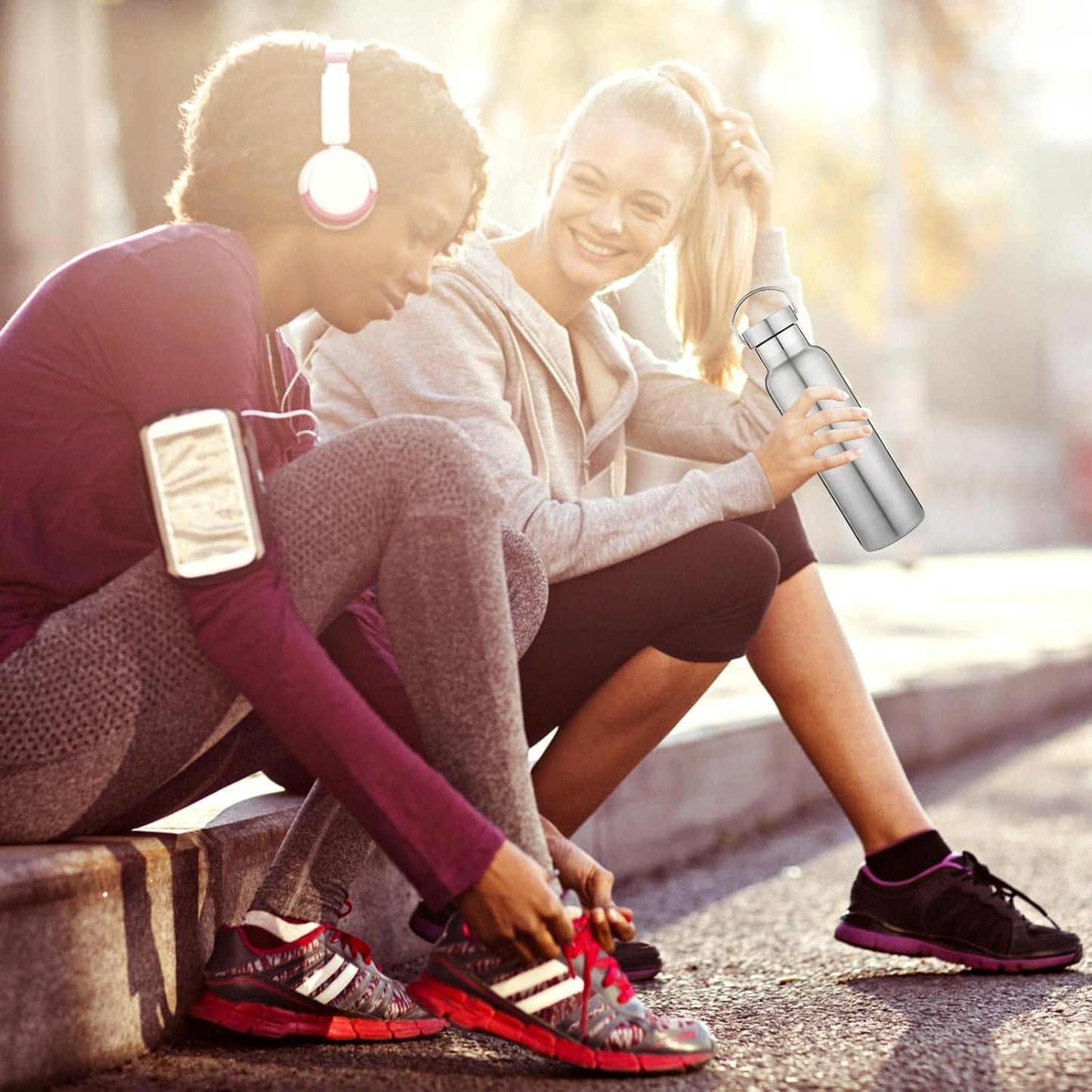 Neihepal Silver Stainless Steel Water Bottles,20 Ounce Vacuum Insulated Double Wall Travel Bottle with Leak Proof Lid of Handle,Metal Reusable Standard Mouth Flask Thermoses for School,Hikers,Gift