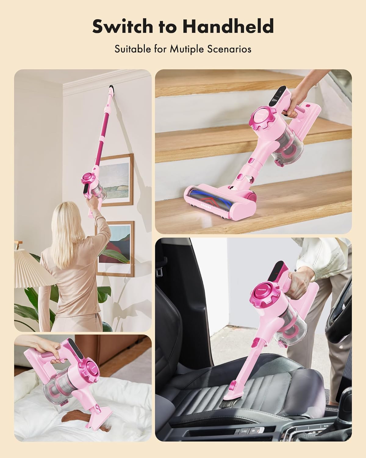 Trucozie Cordless Vacuum Cleaner, 8-in-1 Lightweight Stick Vacuum with 45mins Runtime, Powerful Suction, Rechargeable Cordless Vacuum for Carpet, Tile, Pet Hair, Hardwood Floors, Pink