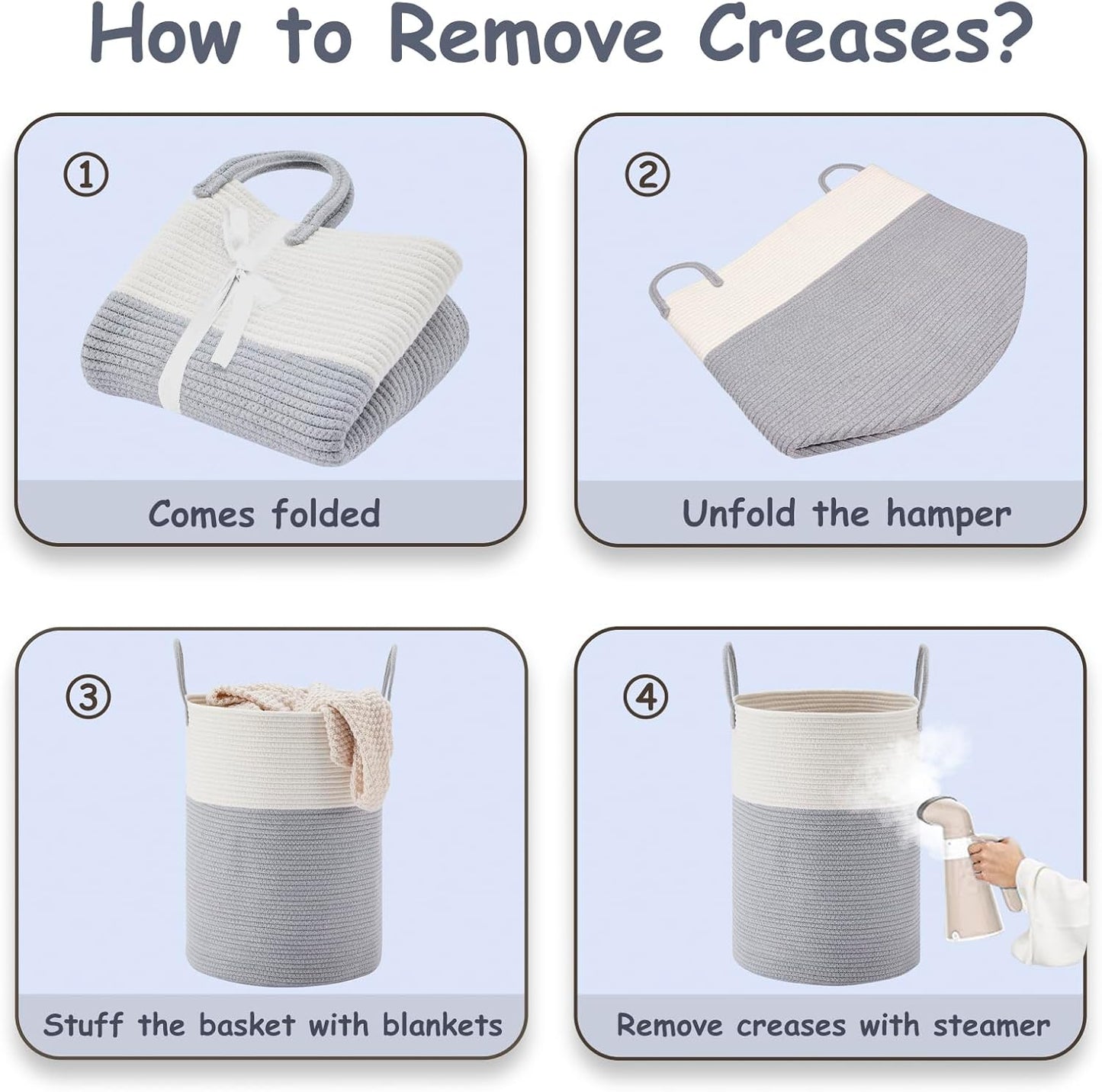 VIPOSCO Large Laundry Hamper, Tall Woven Rope Storage Basket for Blanket, Toys, Dirty Clothes in Living Room, Bathroom, Bedroom - 53L Grey & White