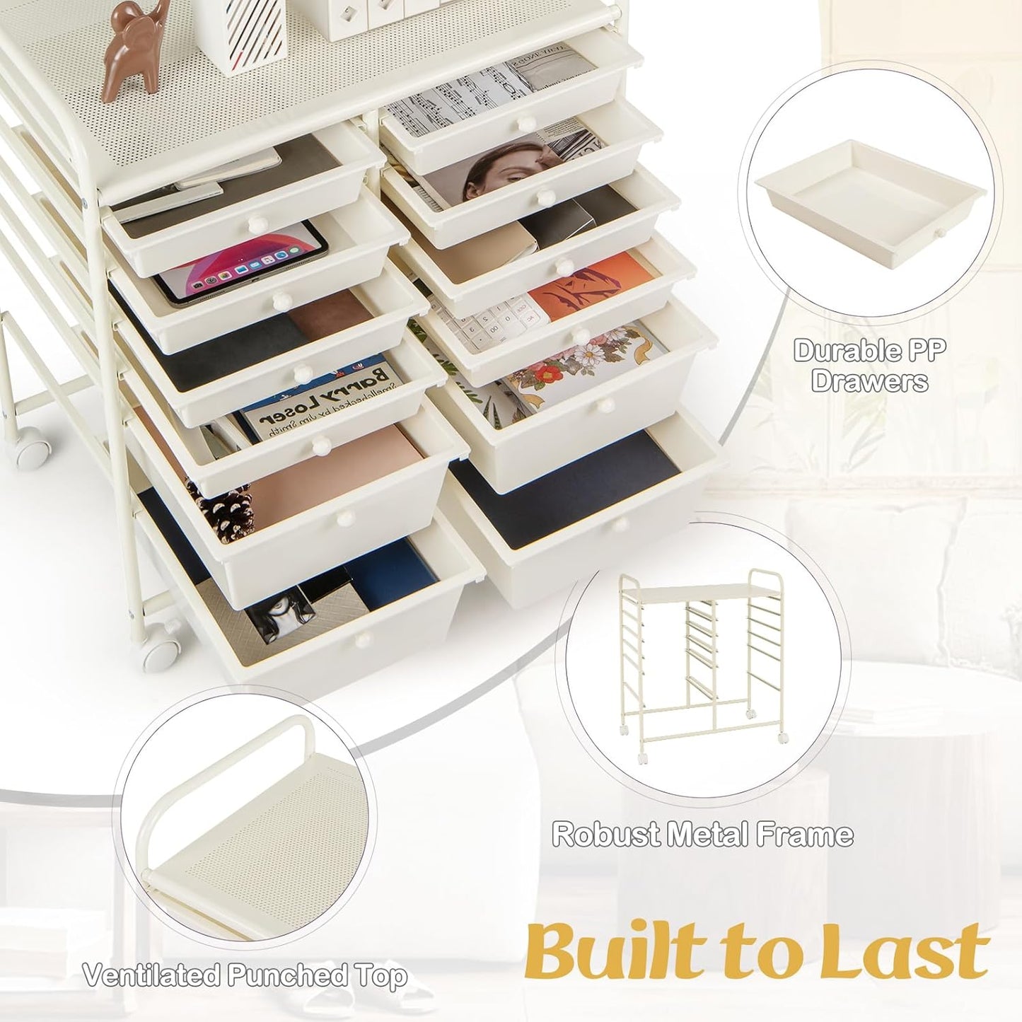 GOFLAME 12-Drawer Rolling Storage Cart, Multipurpose Organizer Cart with 2 Sizes Plastic Drawers, Mobile Utility Cart with Lockable Casters for School, Home Office, Beauty Salon, White