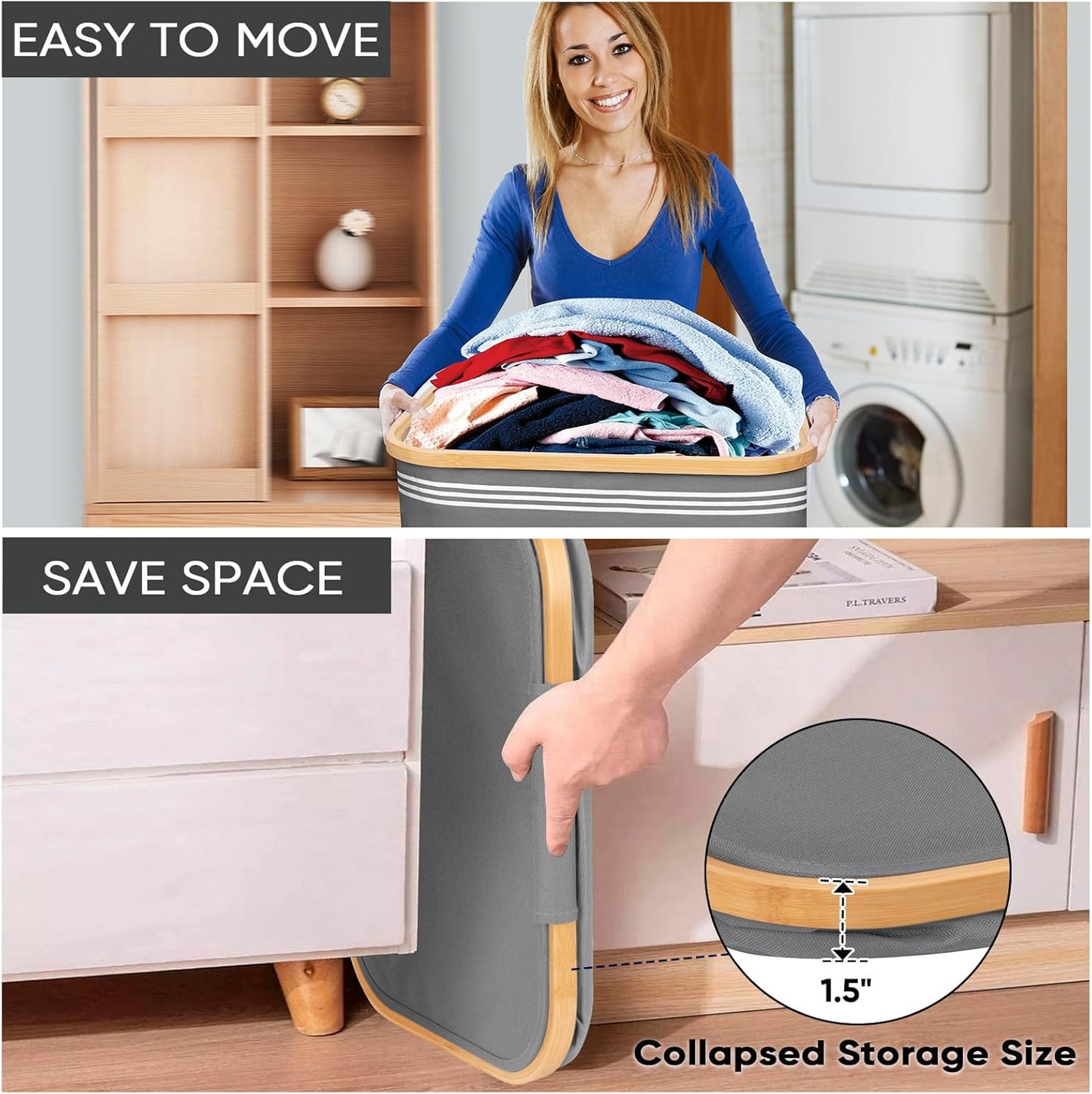 BALEINE Laundry Hamper with Lid, Tall Laundry Baskets with Bamboo Pull Handles, Large Laundry Bin with Internal Support (26 Gal/100L, Grey Pinstripe)