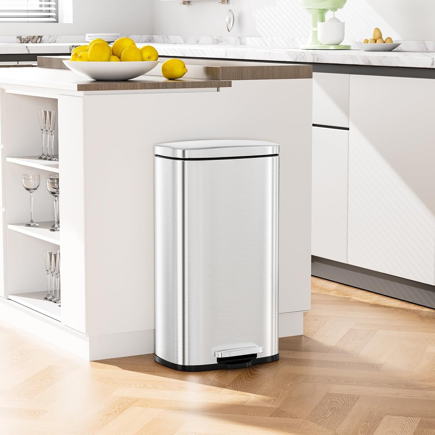 Arlopu 8 Gallon Step Trash Can, Stainless Steel Garbage Bin, Soft-Close Rubbish Bin with Removable Plastic Inner Bucket, Fingerprint-Proof, Lid Dustbin, Suit for Kitchen Home (Silver, 30L)