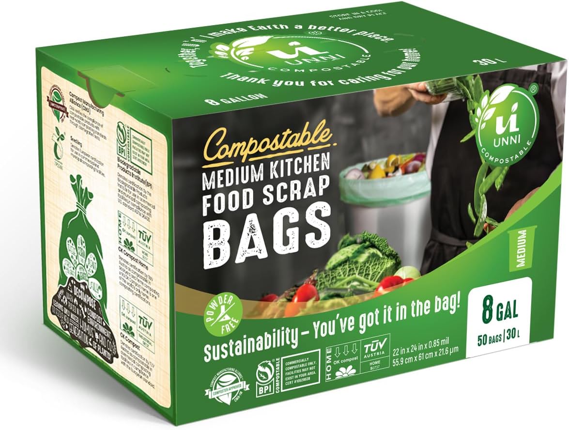 UNNI Compostable Trash Bags, 8 Gallon / 30 Liter, 200 Count Value Pack, Extra Thick 0.85 mil Medium Kitchen Food Scrap Bin Liners, BPI, CMA & OK compost HOME Certified (Meets ASTM D6400)