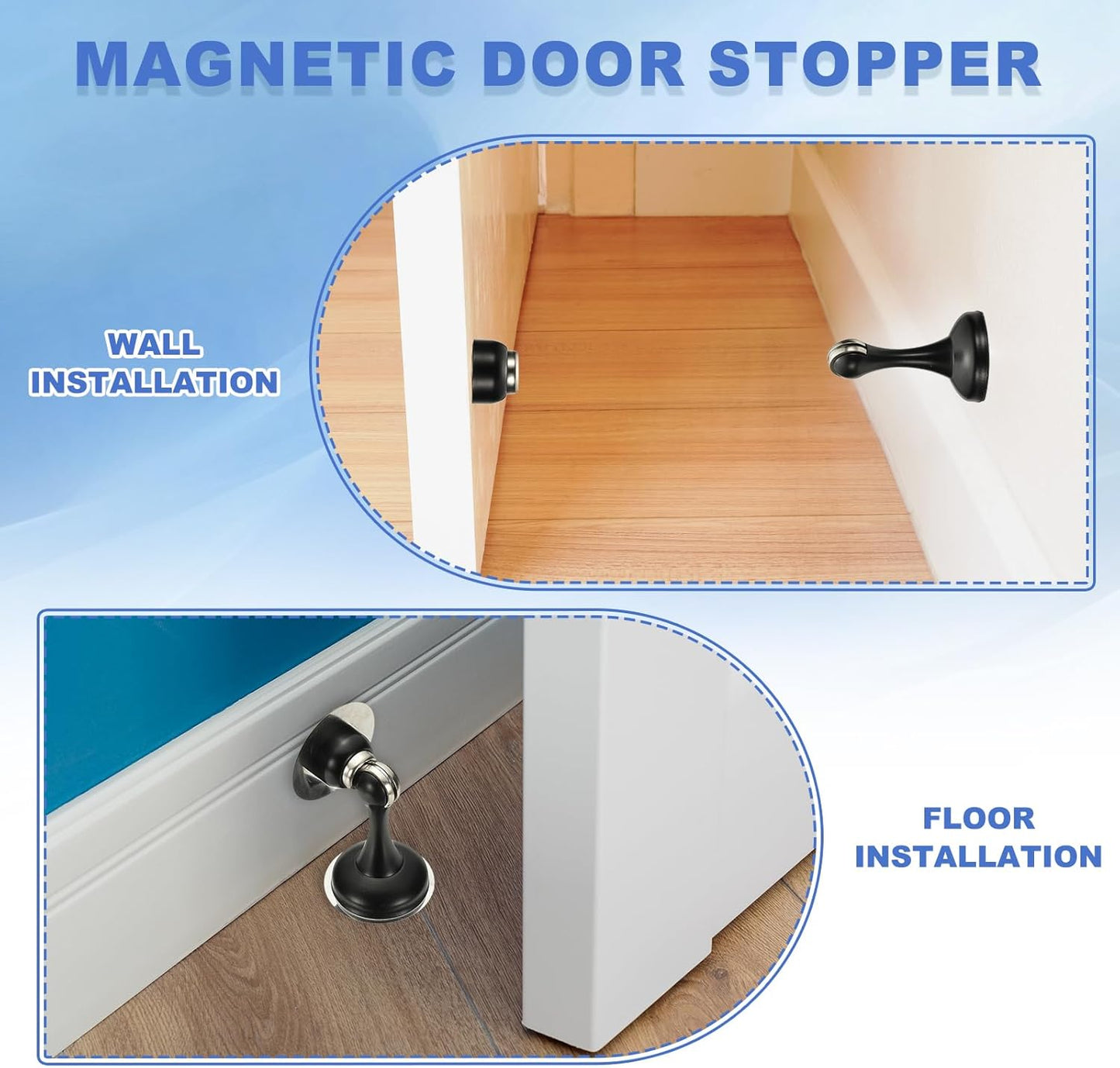 uxcell Magnetic Door Stopper, Stainless Steel Heavy Duty Door Holder, No Drilling Doors Knob Wall Protector with Self-AdhesiveTapes and Screws for Home Office Wall Floor Mounting, Black