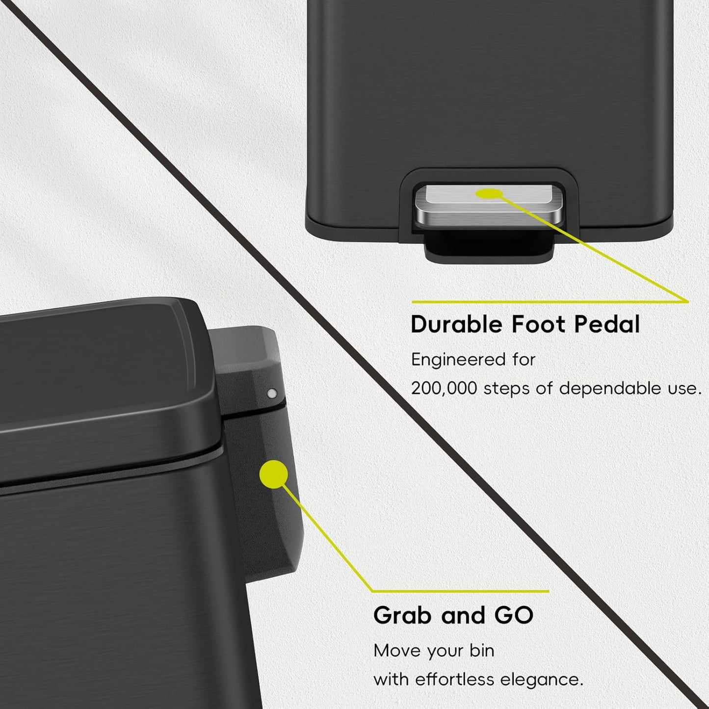 EKO Madison Matte Black 12L / 3.2 Gal Bathroom Trash Can with Lid and Removable Inner Basket, Rectangular Small Step Trash Can