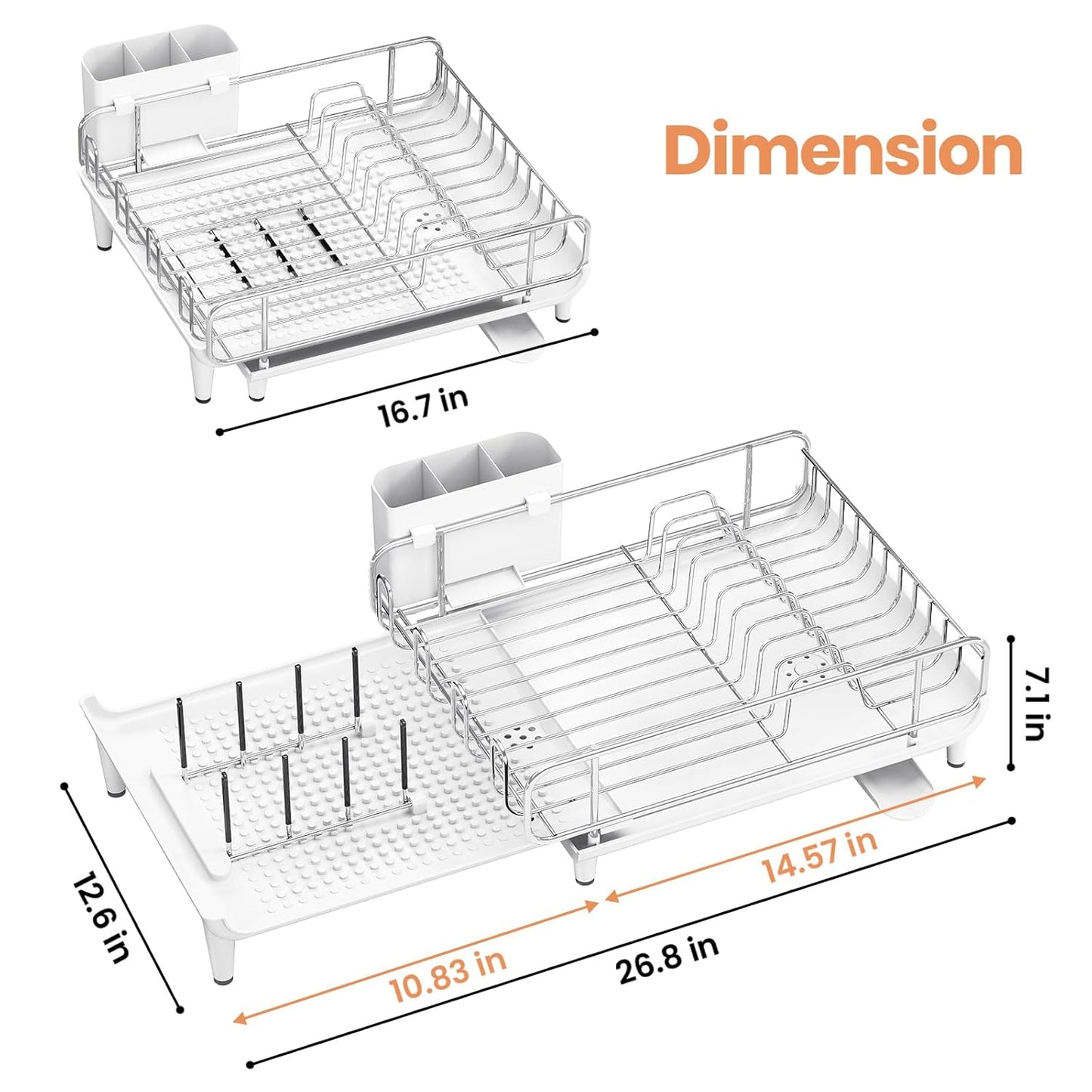 Expandable Dish Drying Rack, Foldable Dish Rack for Kitchen Counter, Stainless Steel Collapsible Dish Drainer Racks with Cutlery Holder, White