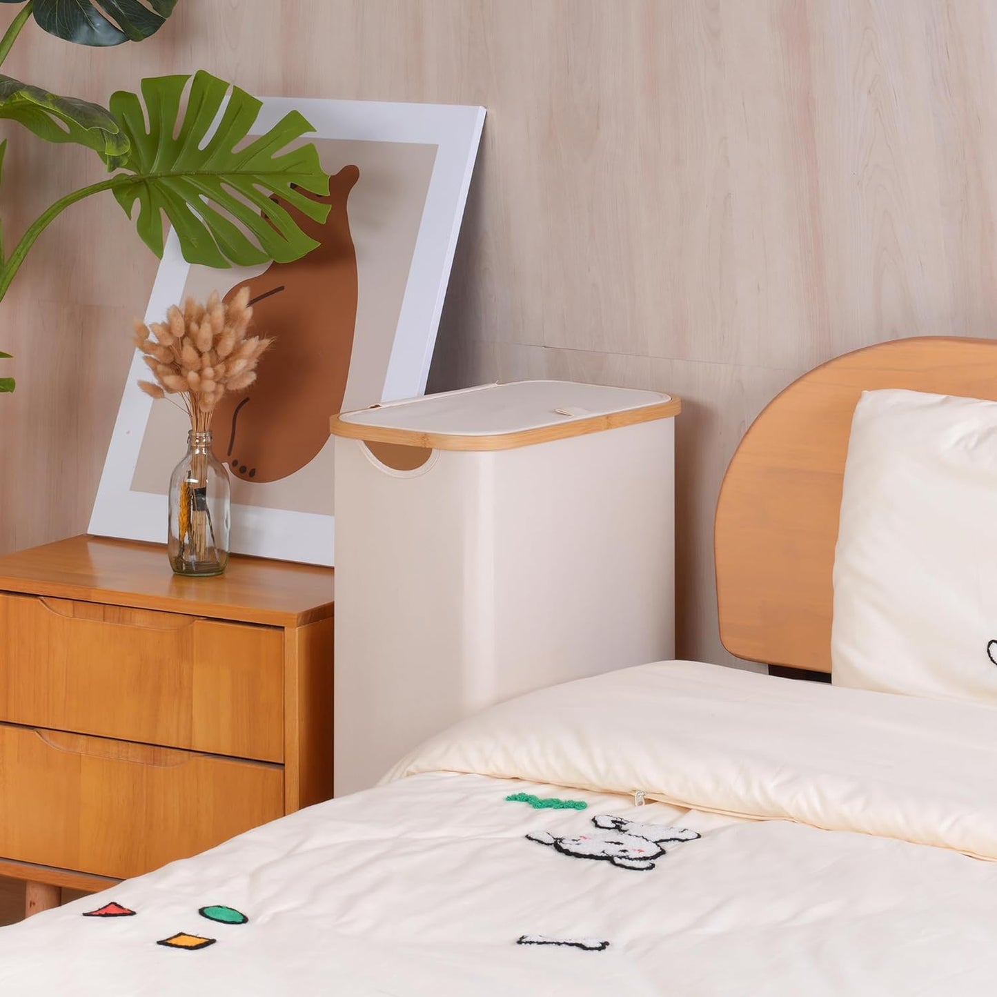 Slim Laundry Basket with Wheels,Narrow Hampers for Laundry,Freestanding Laundry Hamper with Lid&Bamboo Handles,Collapsible & Waterproof Tall Cloth Hamper for Dorm Family(60L Beige)