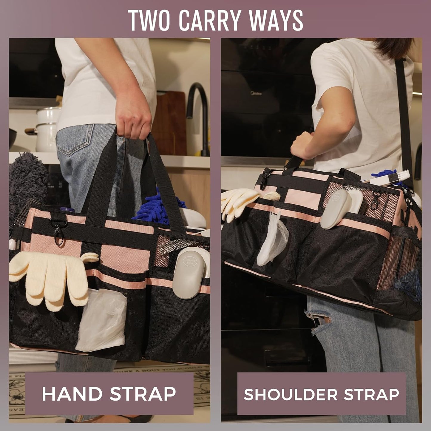 Wearable Cleaning Caddy, Cleaning Caddy Supplies Organizer with Handle & Shoulder Straps for Housekeepers, Under Sink & Car Cleaning Tool Organizers Bag with 4 Foldable Divider (Pink)