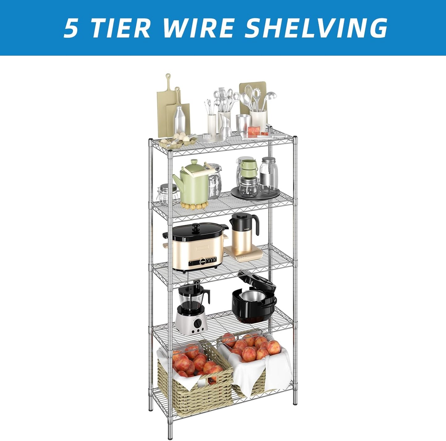 5-Shelf Adjustable Metal Shelf Wire Shelving Unit Storage Rack Display Shelf for Office,Kitchen,Bedroom,Bathroom,Laundry,Pantry Basement,Garage(Chrome,36" L x 14" W x 72" H)