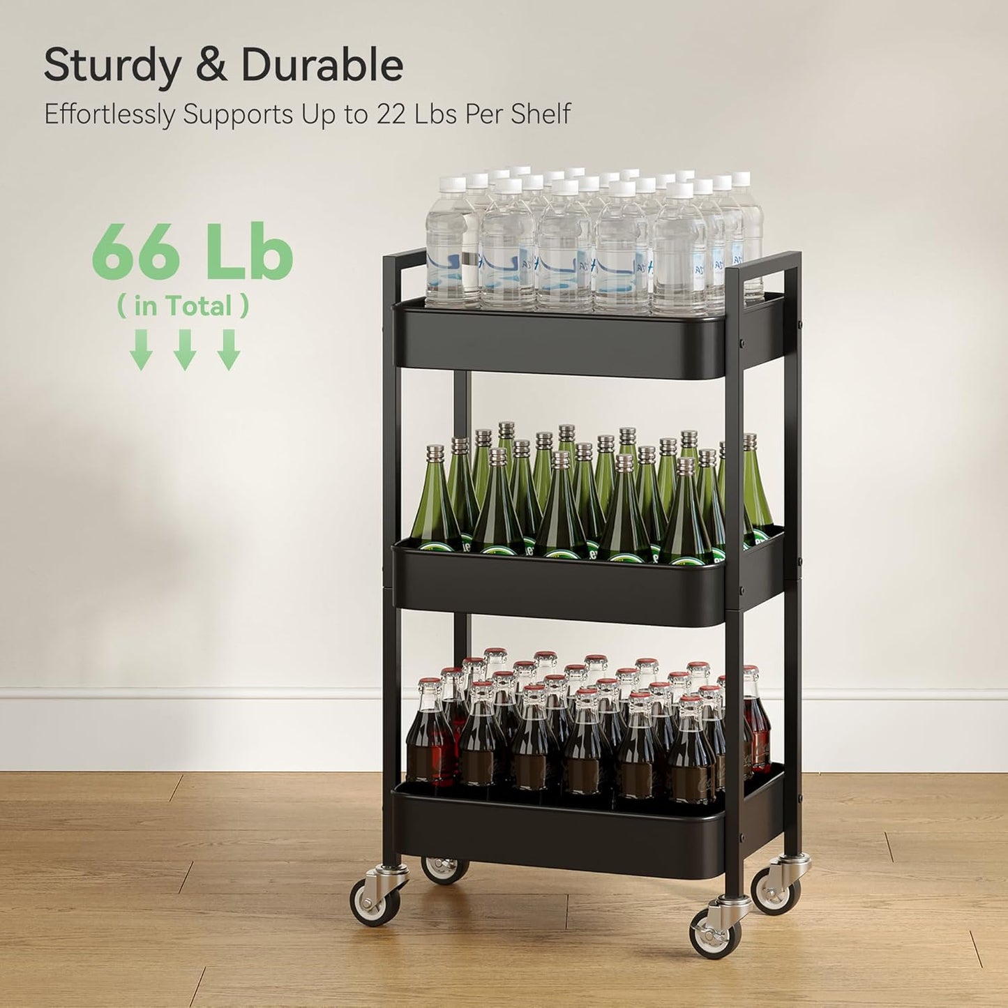 3 Tier Rolling Cart,Utility Cart with Locking Wheels, Hanging Cups & Hooks, Heavy Duty Metal Storage Organizer Cart for Kitchen,Office, Bathroom,Craft Room,Black