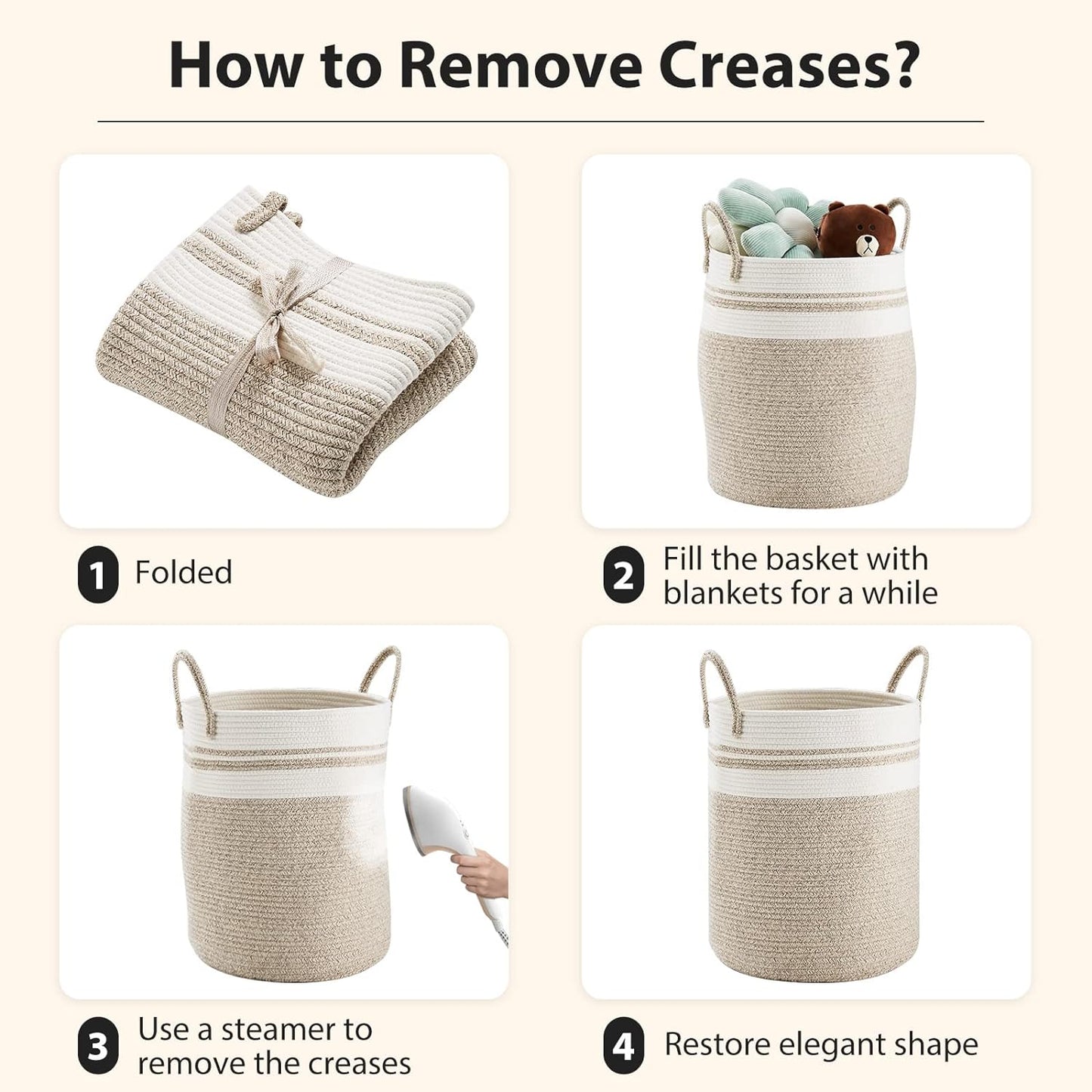 Fiona's magic 72L Large Woven Laundry Hamper, Tall Cotton Rope Storage Basket, Jute Baby Nursery Hamper for Blankets, Toys and Clothes in Bedroom and Living Room Organizing, Brown & White