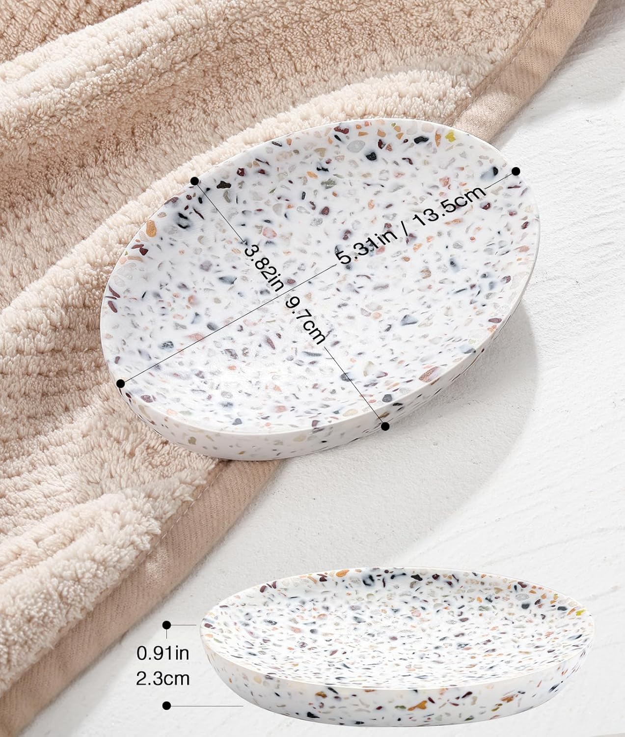 Luxspire Soap Dish, Resin Soap Tray Soap Holder Container Box, Oval Soap Plate Case, Non-Slip, Multi-Purpose Soap Holder, Bathroom & Kitchen Countertop, Terrazzo