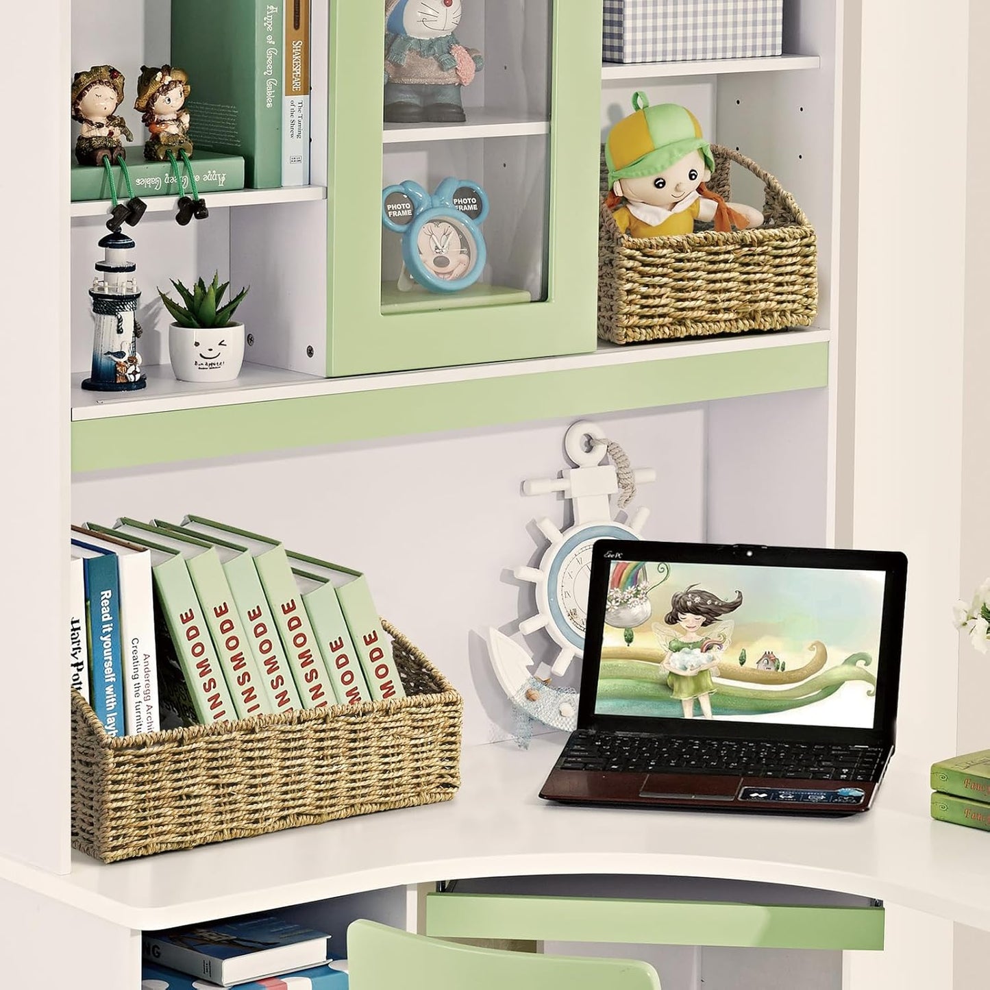 Ollieroo Natural Seagrass Storage Baskets, Handwoven Wicker Storage Bins with Built-in Handles, Storage Container Baskets for Shelves, Bedroom, Bathroom, Laundry Room or Kitchen(Green)