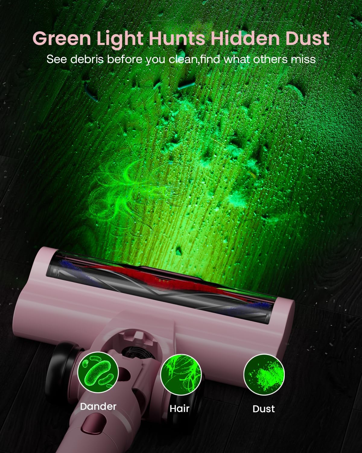 Cordless Vacuum Cleaner for Home, Upgraded 60Kpa Powerful Suction Pet Hair Vacuum with 70min Runtime, Green LED Light for Hardwood Floors & Carpet, Self-Standing Rechargeable Stick Vacuum, Pink