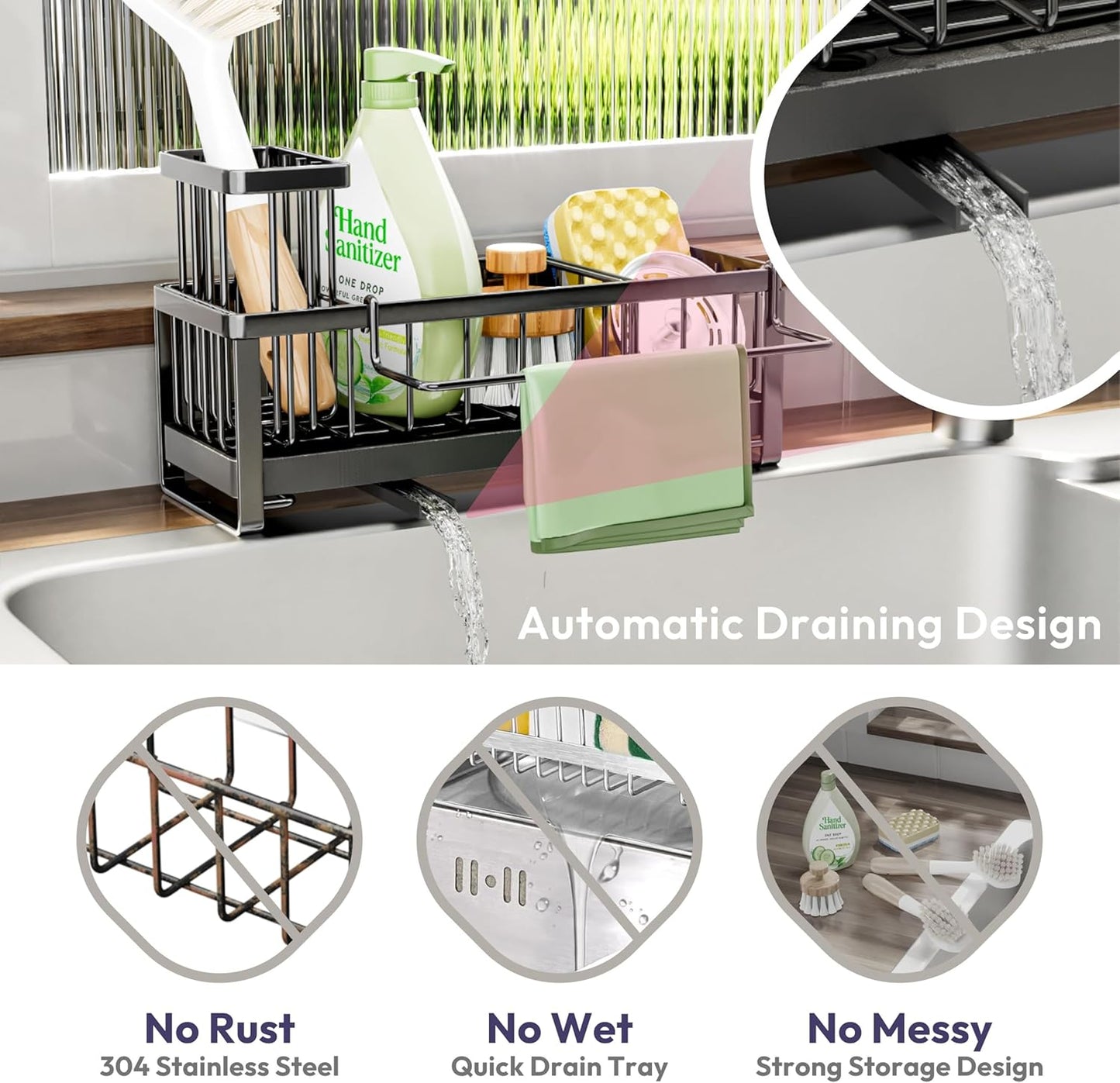 SWTYMIKI Sponge Holder for Kitchen Sink - Sink Caddy with Brush Holder Self-draining Sponge Caddy Organizer with Divider Stainless Steel Kitchen Accessories Storage for Countertop, Black