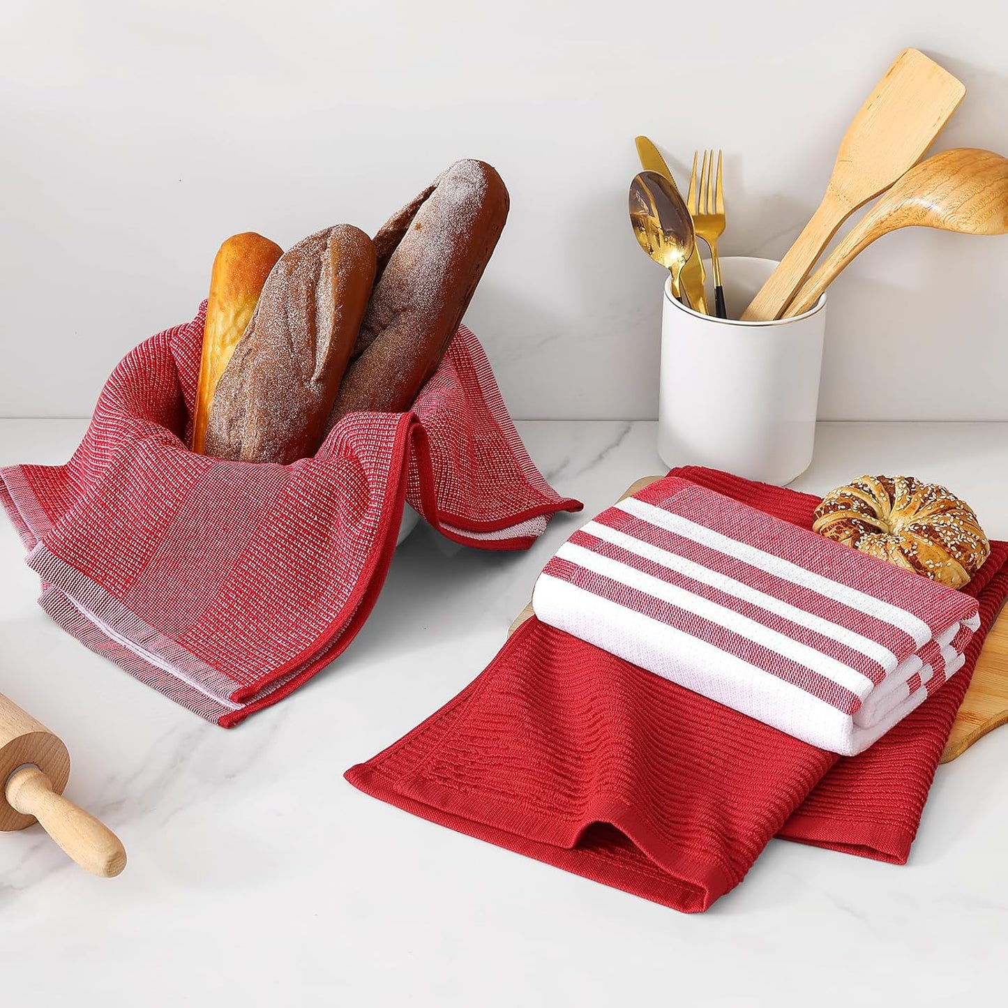 Homaxy Premium Kitchen Towels(18”x 28”, 9 Pack), Large Cotton 380 GSM Kitchen Hand Towels, Soft and Absorbent Terry Dish Towels, Multipurpose Tea Towel Set with Hanging Loop, Red