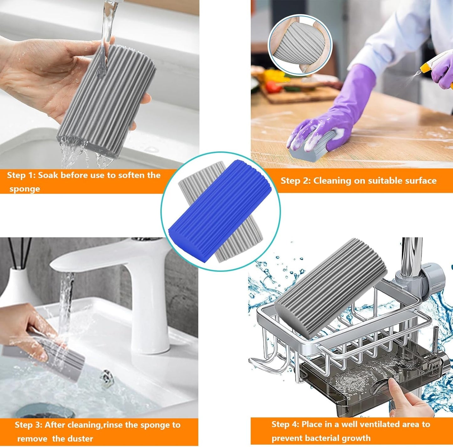 6-Pack Damp Clean Duster Sponge,Magic Sponge Eraser for Housekeeping,Reusable Cleaning Sponge for Blinds,Vents,Mirrors,Glass, Baseboards,Window Track Grooves and Railings(Blue)