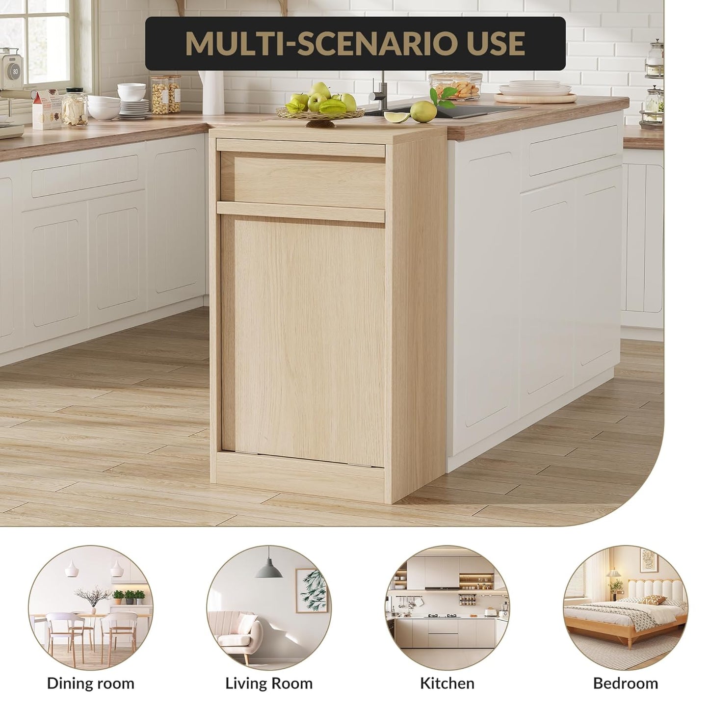 Tilt Out Trash Cabinet, Natural Wood Hidden Garbage Can Cabinet for 10 Gallon Bins, Modern Pet-Proof Trash Cabinets for Kitchen, Dining, Living Room Storage