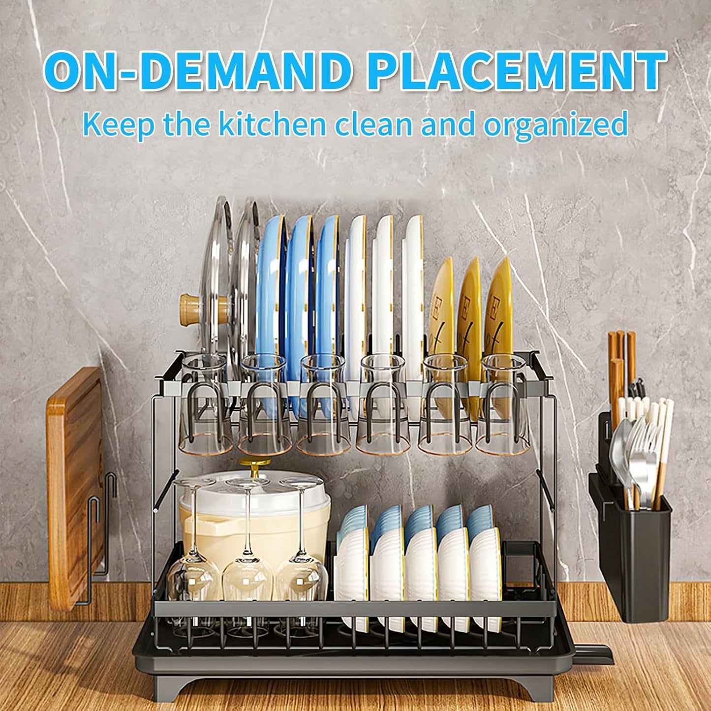 Dishes Drying Rack, 2-Tier Tableware Drying Rack with Draining Board, Space-Saving Design, Suitable for Kitchen Countertop Tableware and Cup Rack