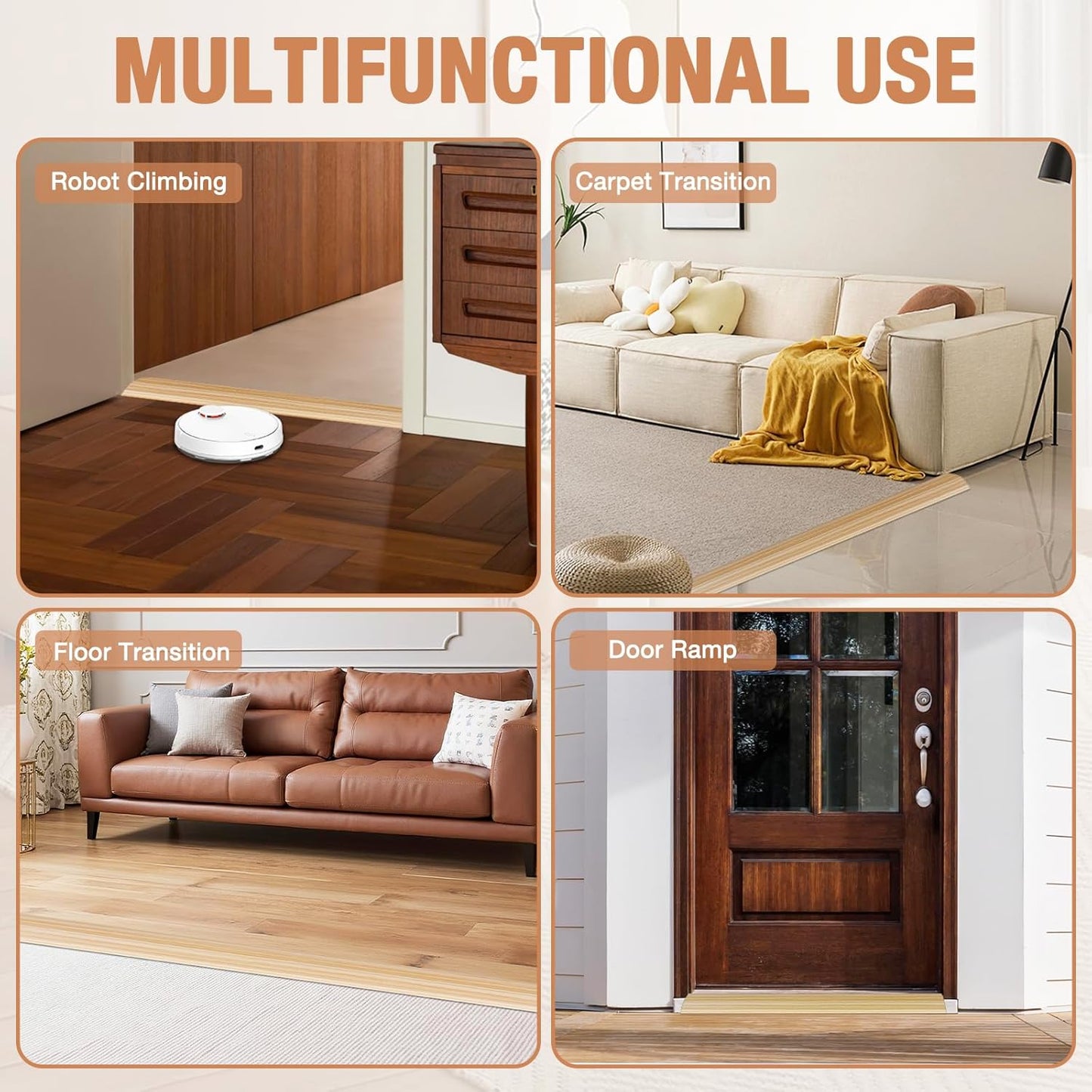 Floor Transition Strip Self Adhesive Vinyl Door Threshold for Doorways Carpet Edging Trim Overlap Edge Reducer for Laminate Floor, Carpet, Tile (Light Yellow Wood Grain, 2/5" to 3/5", 10Ft)