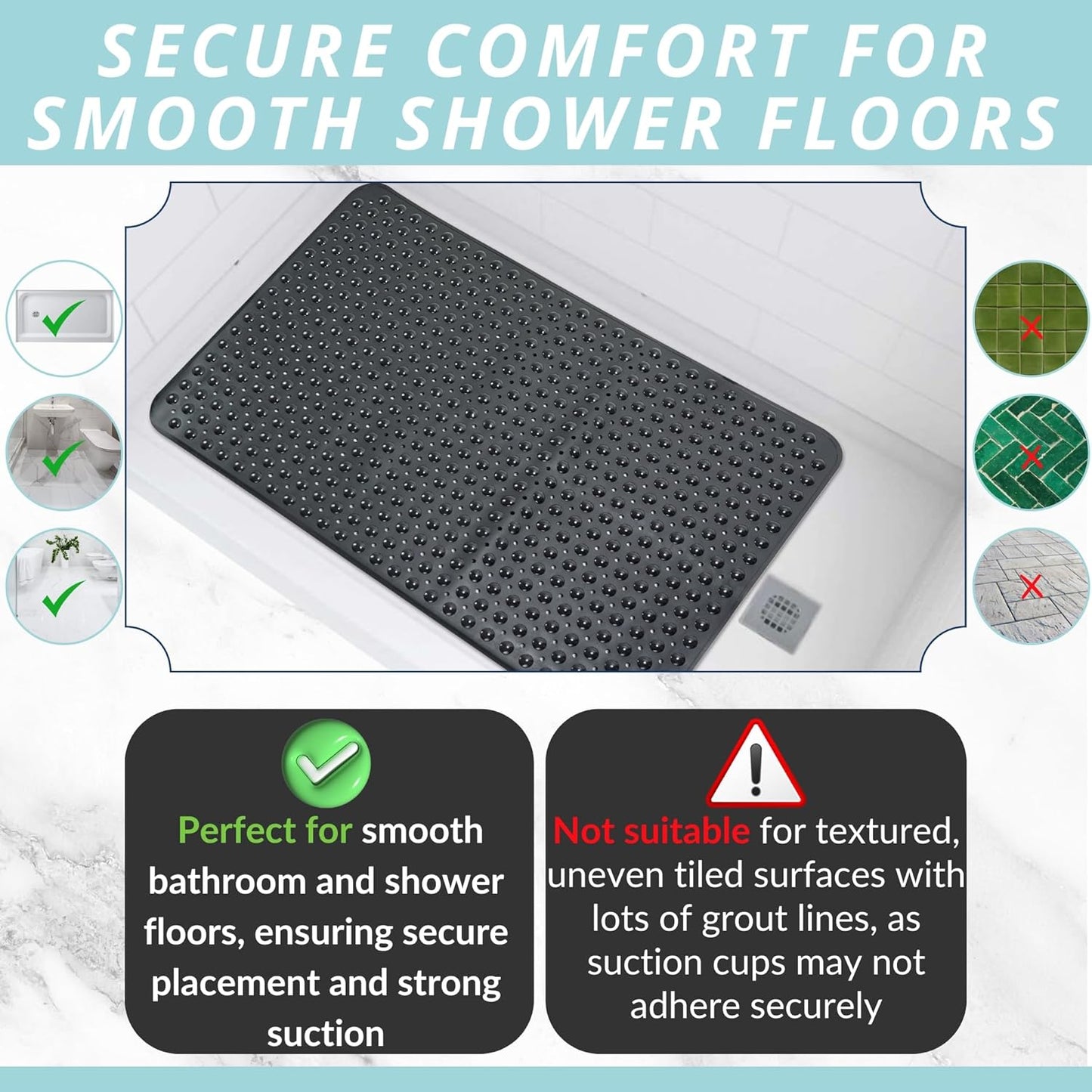 ENKOSI Extra Large Shower Mat Non Slip - 47 x 32 inch - XL Bathroom Shower Mat - Large Shower Matts for Shower Stall Floors - Secure Suction Cups and Drain Holes (47x32 Black)