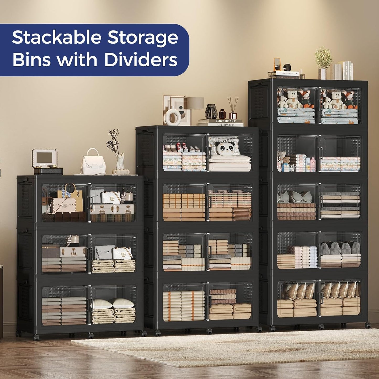 160GAL Extra Large Storage Bins with Lid, 640Qt Stackable Closet Organizers and Drawers, Collapsible Storage Bins with Wheels, Folding Storages Cabinet for Home Bedroom Office, 4Pack Black