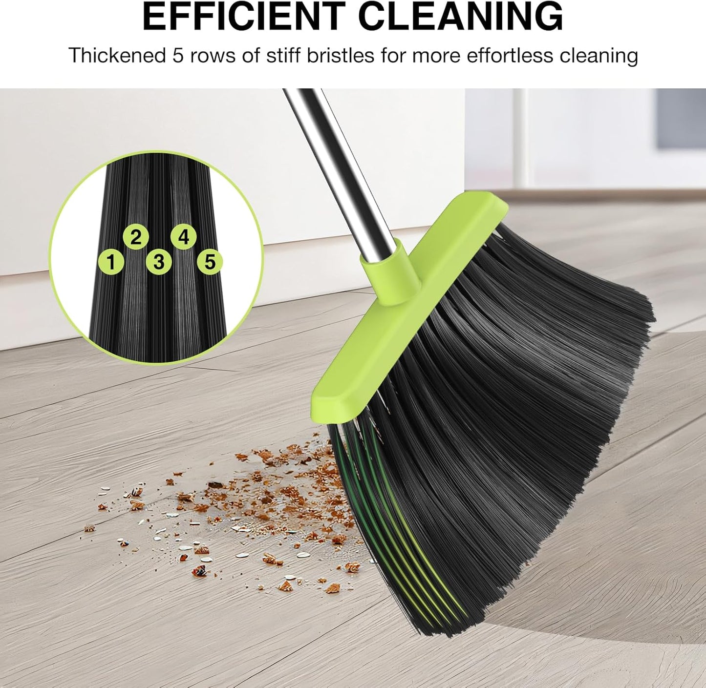 Broom and Dustpan Set, 52-in Long Adjustable Handle Broom Dustpan Combo with Dust pan Teeth to Automatically Clean Hair Suitable for Home Kitchen Office Hall Floor (Green), 2 Pack