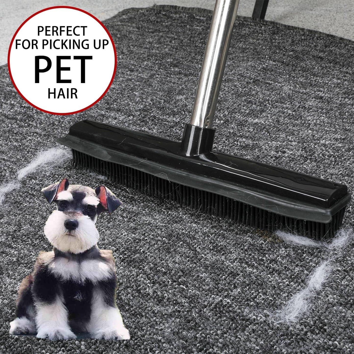 Rubber Broom and Dustpan Set,Pet Hair Removal Rubber Broom with Squeegee and Stainless Steel Dust Pan,Carpet Rake Push Broom and Dustpan for Fluff Hardwood Floor Tile (Black)