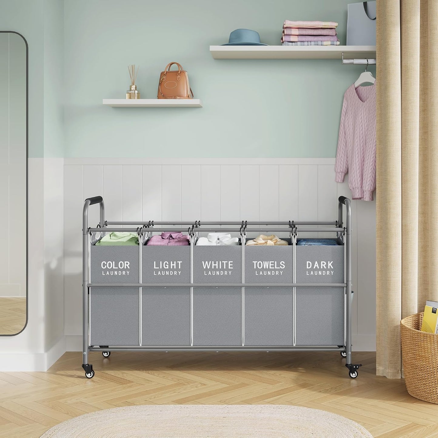 Tajsoon 5 Bag Laundry Sorter Cart, Laundry Hamper Sorter Basket with Heavy Duty Lockable Rolling Wheels for Clothes Storage, Grey & White