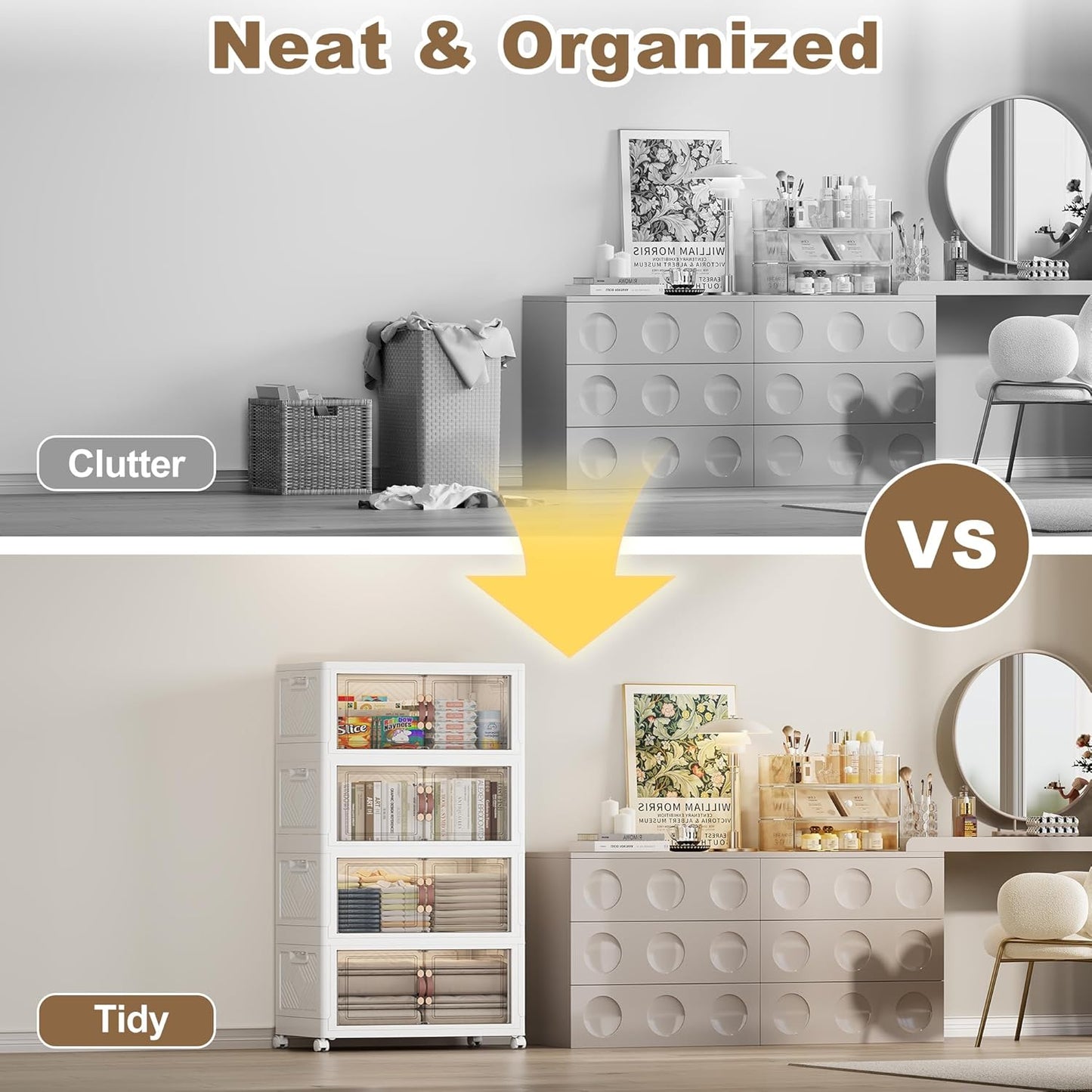 SAILUN 308QT Extra Large Collapsible Storage Bins with Wheels and Lid, Stackable Storage Bins Open Closet Organizers and Storage Storage Containers Drawers,23.6" L × 15" W × 54.5" H(4 Pack)