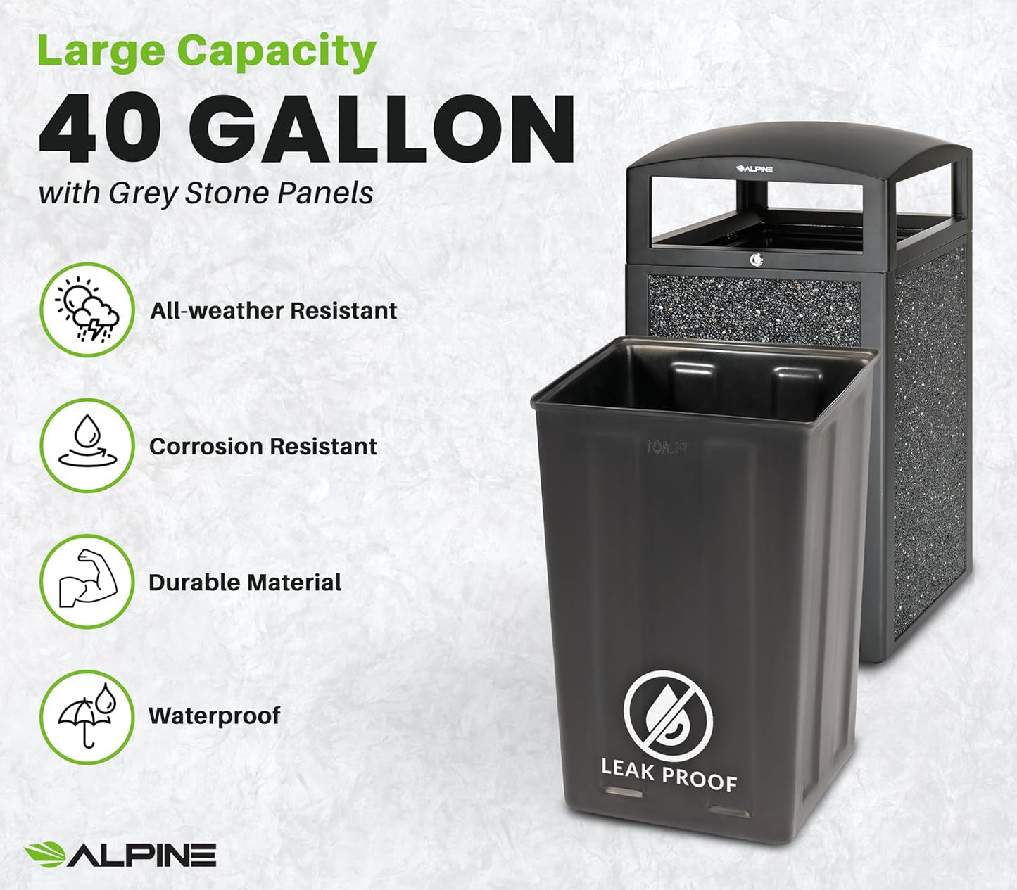 Alpine Outdoor Commercial Trash Can with Lid - 40 Gallon Heavy Duty Metal Garbage Can with Removable Bin, Locking Lid for a Modern Look in Park, Mall & High Traffic Areas-Grey Stone Panels (With Tray)