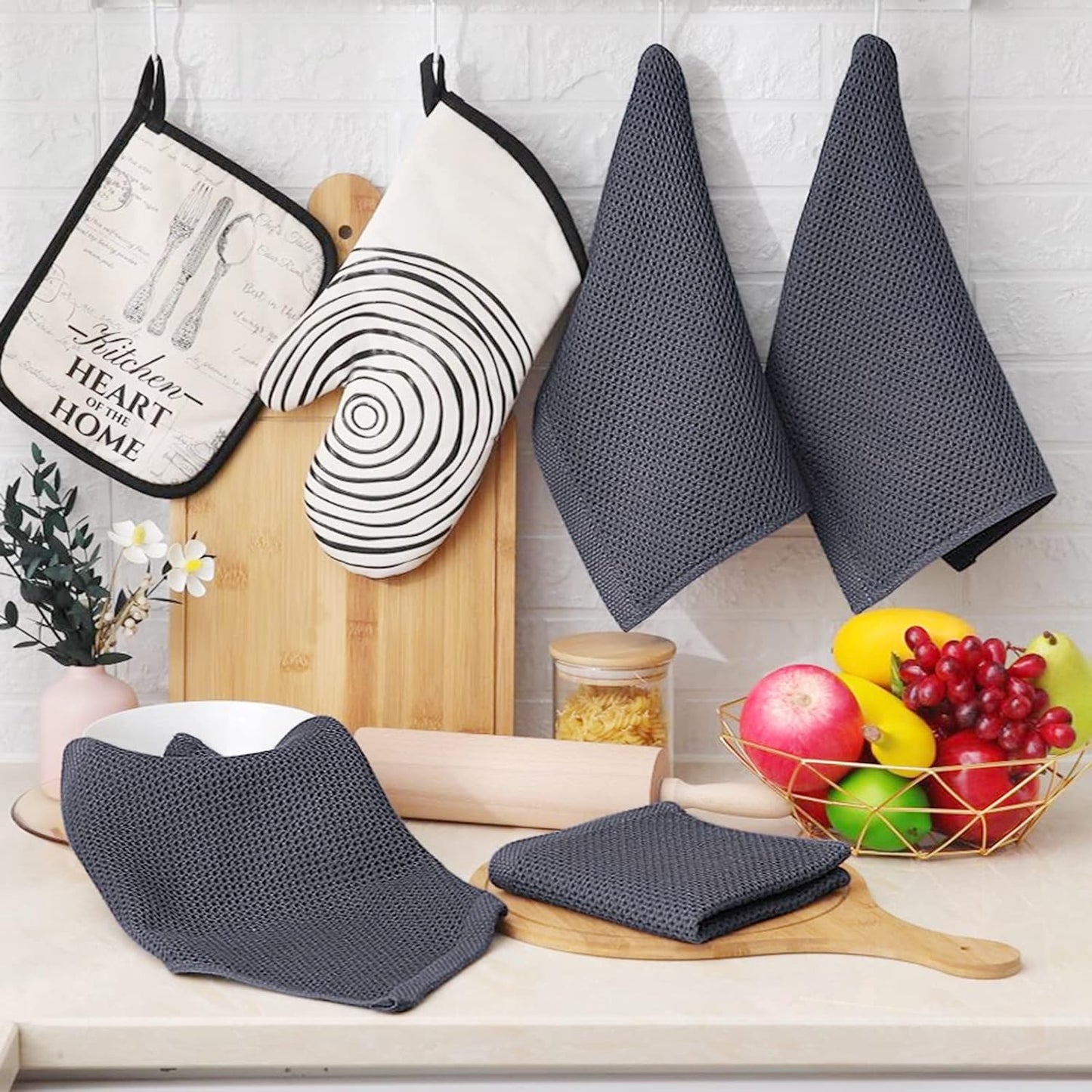 Homaxy 100% Cotton Waffle Weave Kitchen Dish Cloths, Ultra Soft Absorbent Quick Drying Dish Towels, 12 x 12 Inches, 12-Pack, Dark Grey