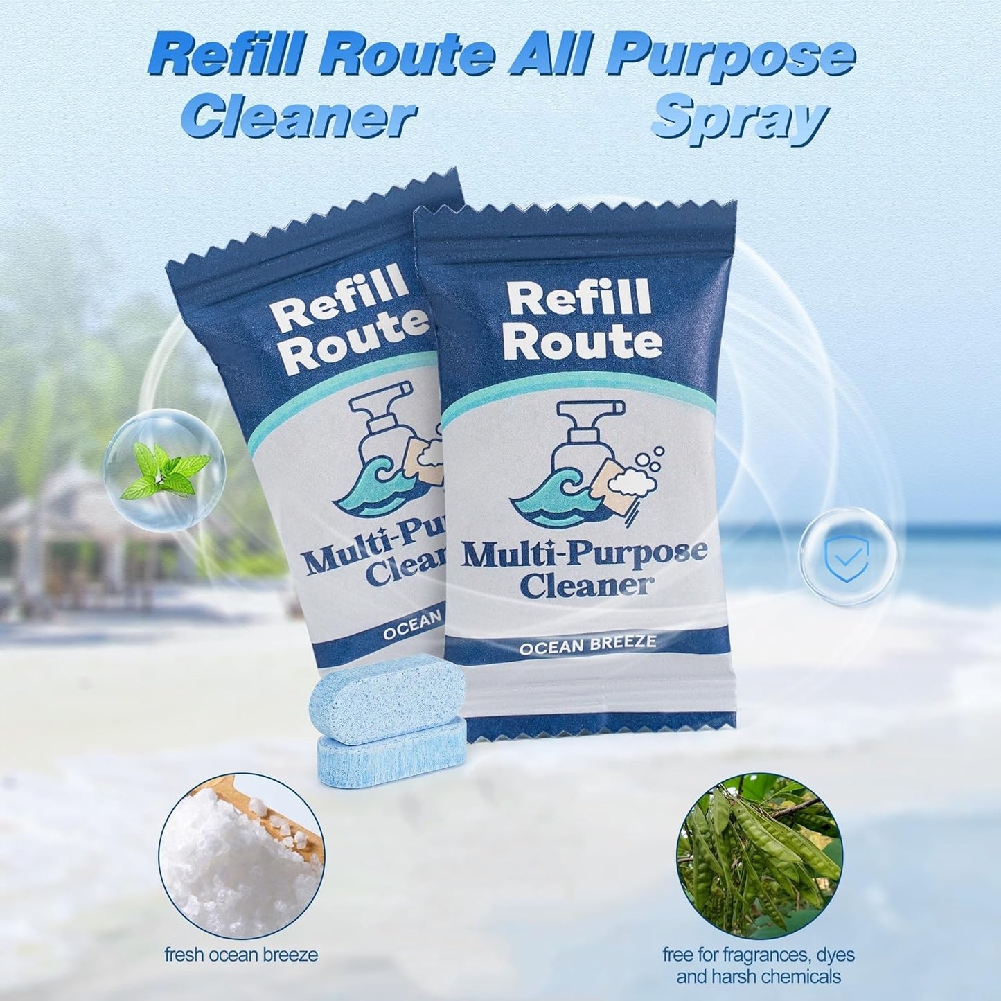 Multi-surface Cleaner Kit, Bathroom Cleaner Spray Tablets & Spray Bottle All Purpose Cleaner, 12 Tablets Multipurpose Cleaner Refills with Reusable Glass Bottle, Plant Based - Ocean Breeze